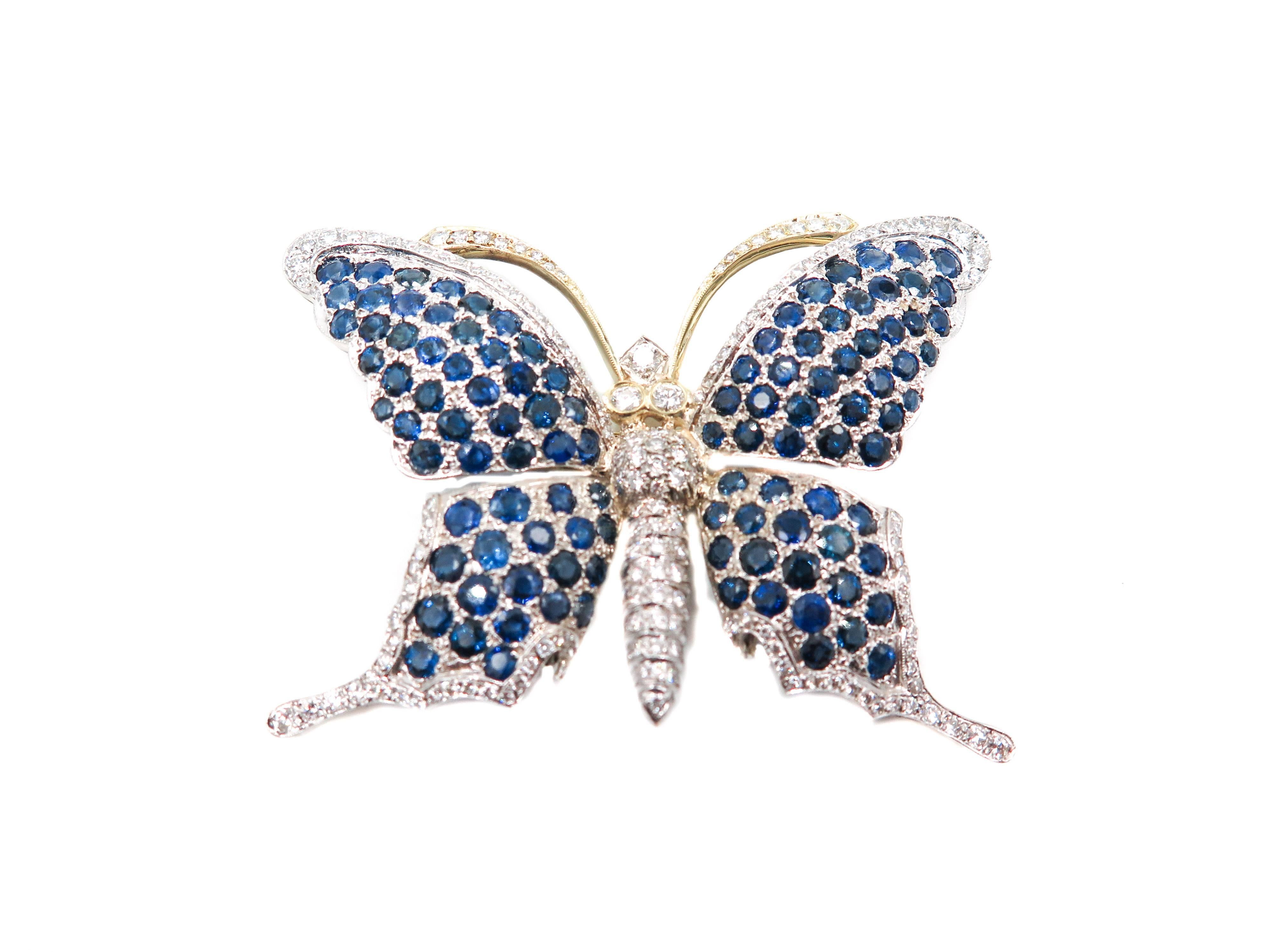 Round Cut Sapphire and Diamond Butterfly Brooch For Sale