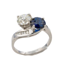 Sapphire and Diamond Bypass Baguette Cut Diamond Ring