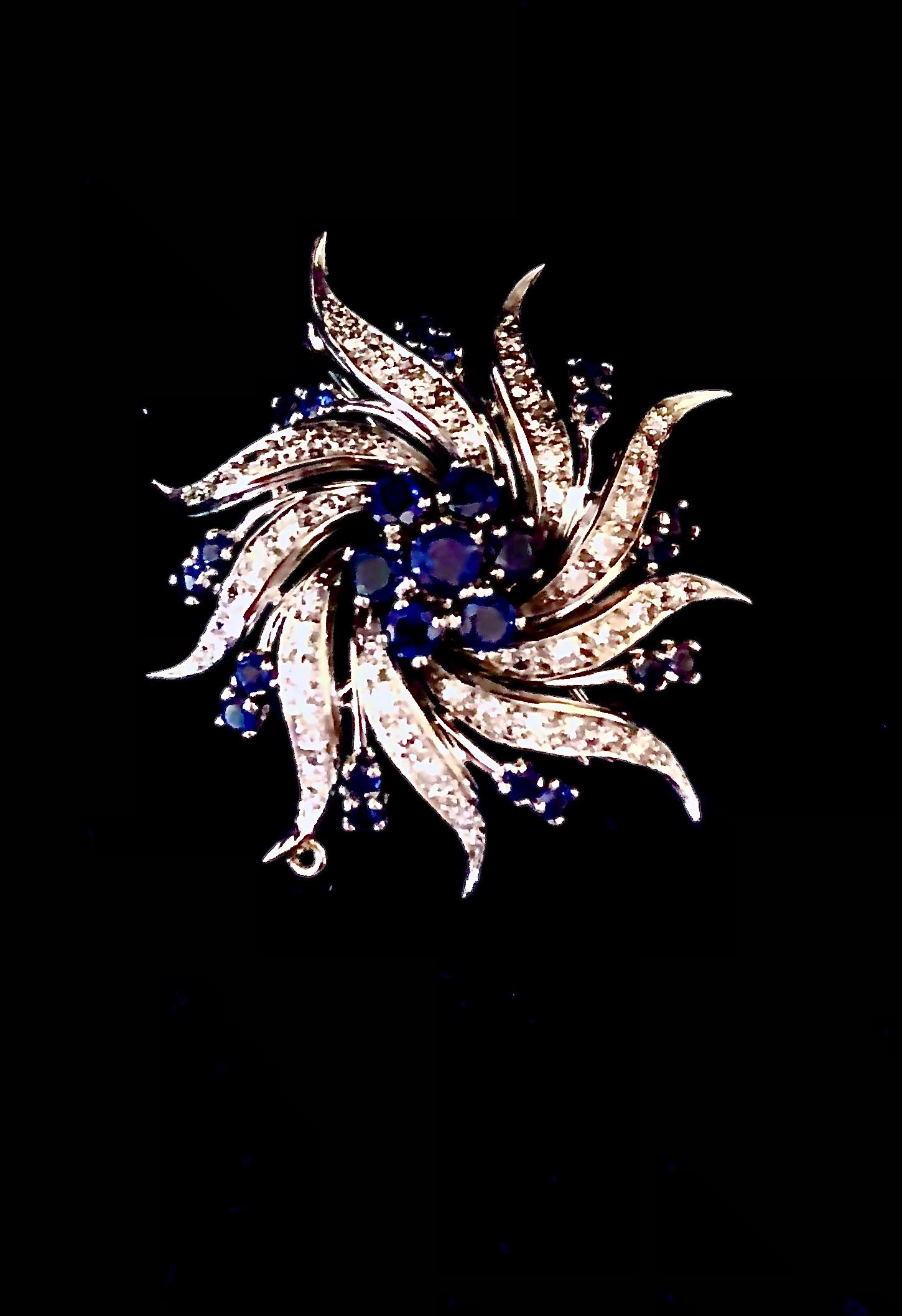 Sapphire and diamond Catherine wheel style brooch/ pendant In Excellent Condition For Sale In New Orleans, LA