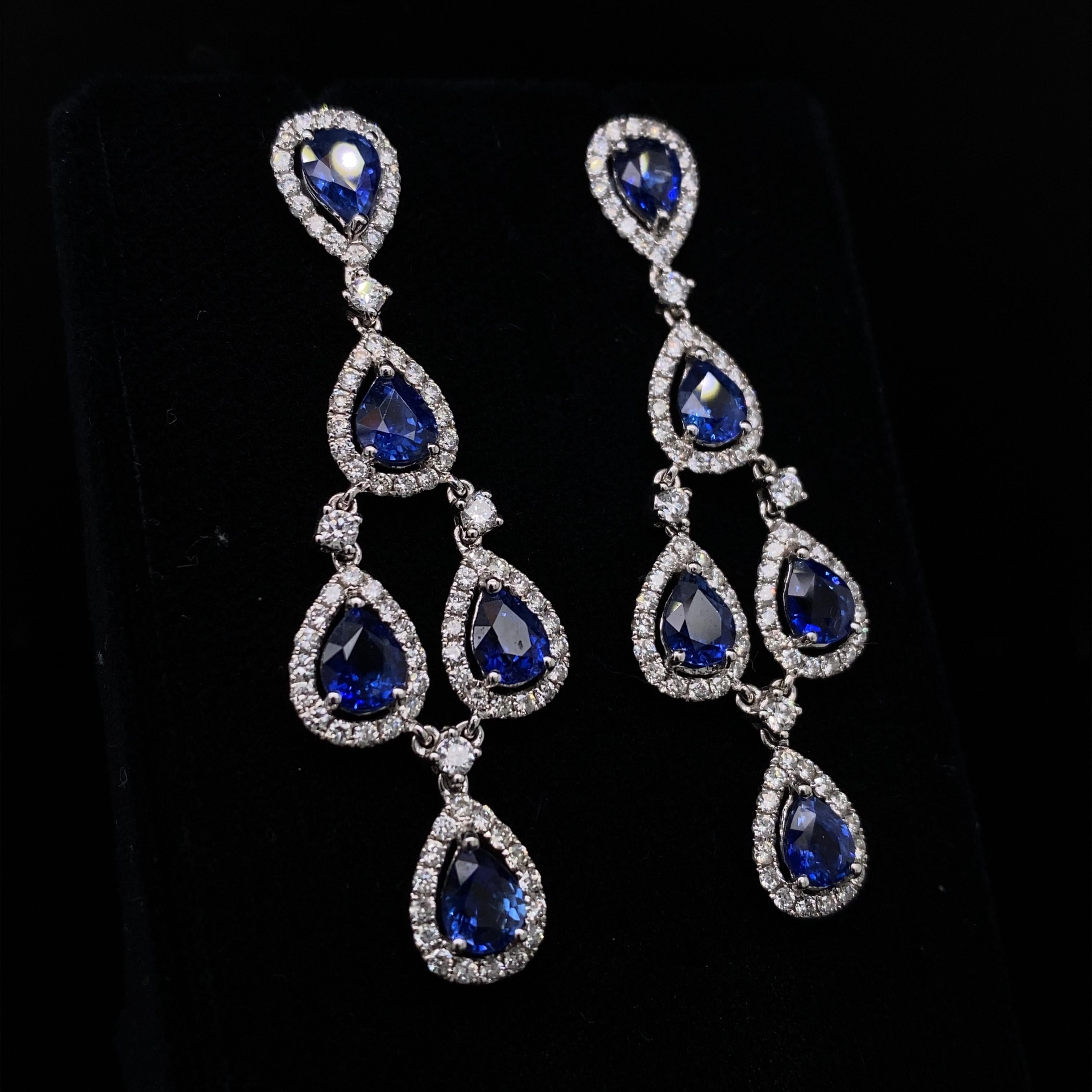 Modern Sapphire and Diamond Chandelier Earrings, 18 Karat Yellow Gold For Sale