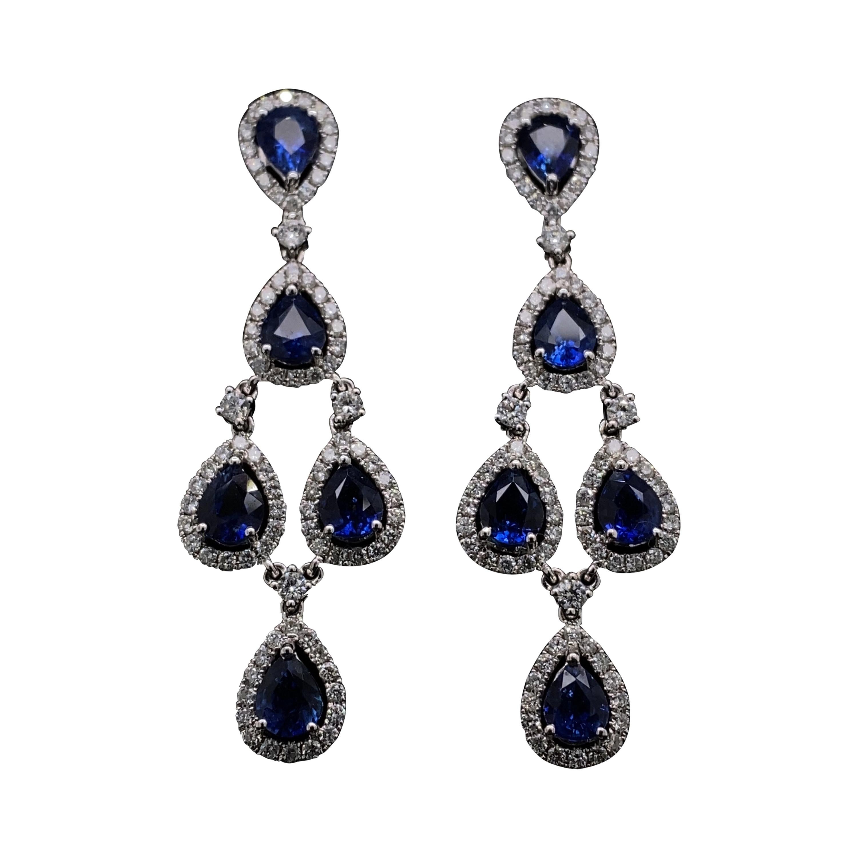 Sapphire and Diamond Chandelier Earrings, 18 Karat Yellow Gold For Sale