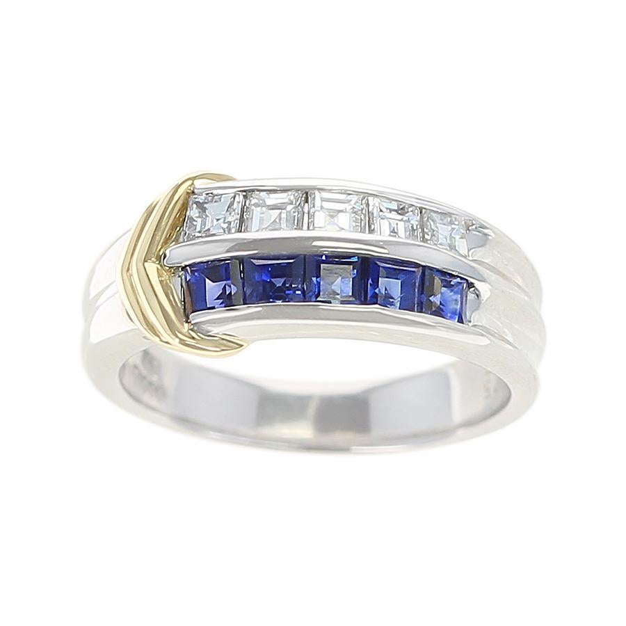 A Sapphire and Diamond Channel Invisible Set Wedding Band with Two Yellow Gold Linings on one side and Platinum. Sapphire Weight: 0.75 carats, Diamond Weight: 0.45 carats, Ring Size US 6.25. Total Weight: 6.65 grams.