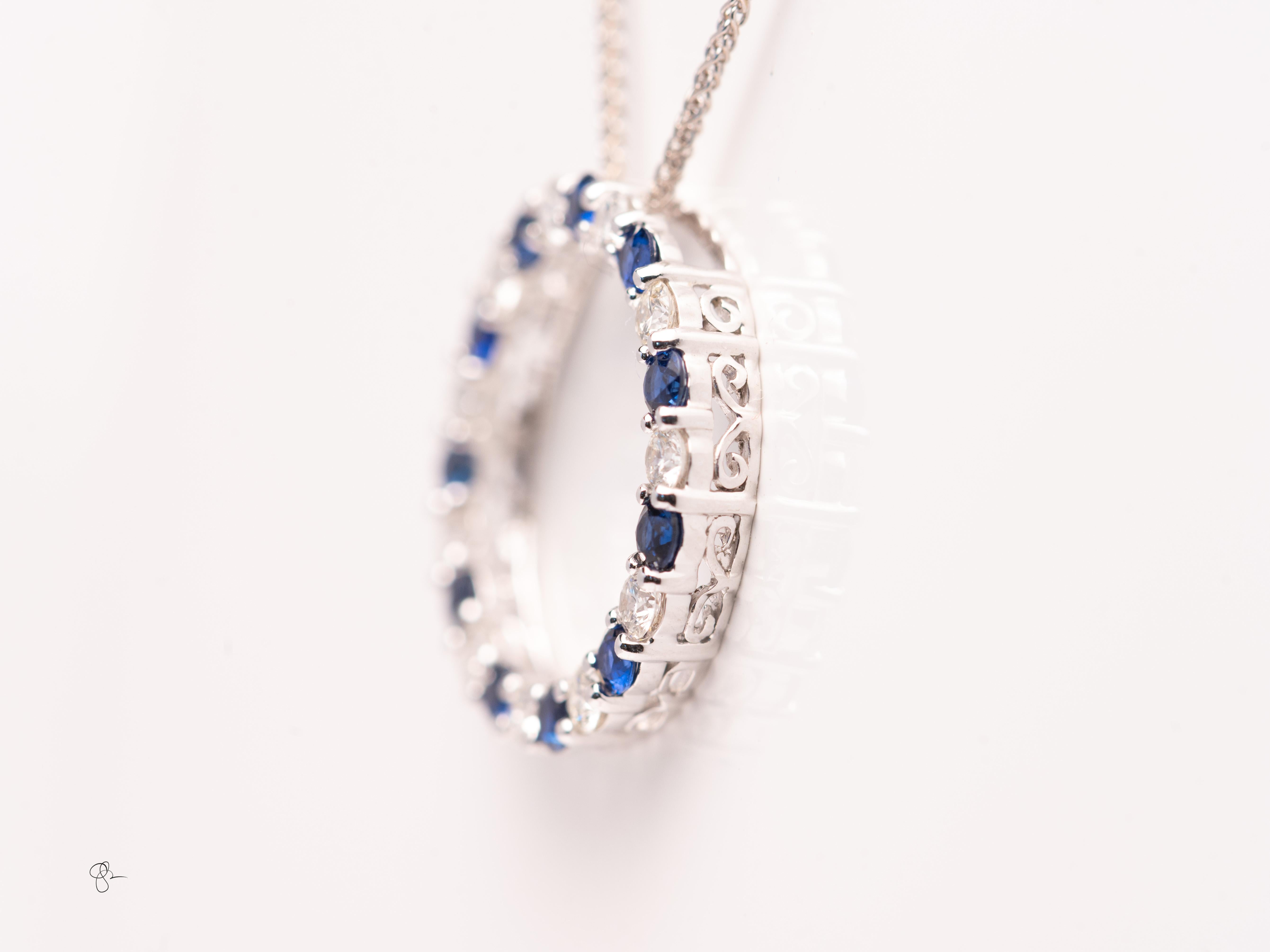 da uomo o donna Collana con ciondolo con zaffiro e diamante in oro bianco 14k Eleg Modern in vendita