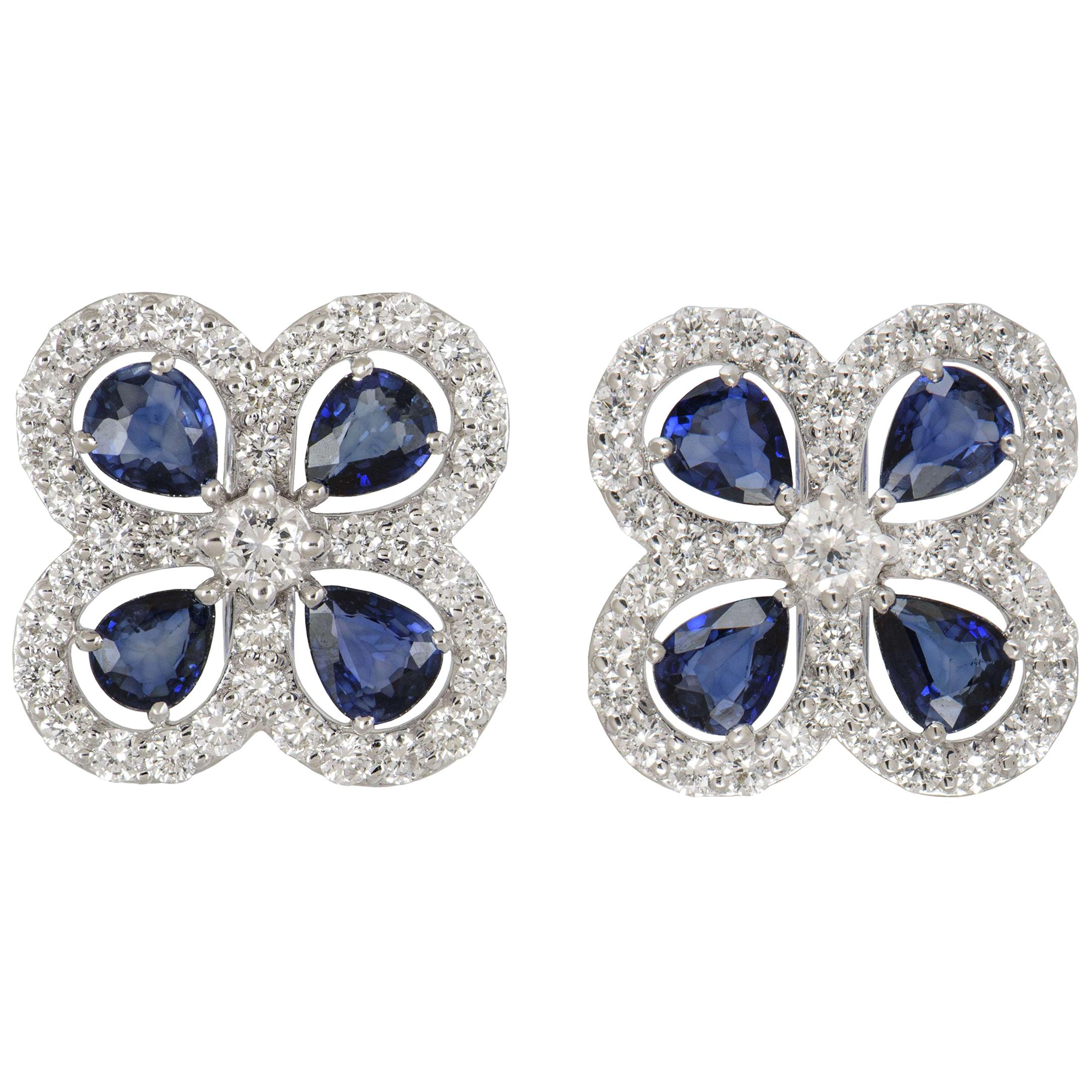 Sapphire and Diamond Clover Shaped Stud Earrings