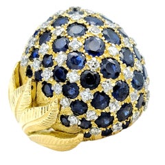 Blue Sapphire & Diamond Cluster Dome Ring with Leaf Design 18 Karat Yellow Gold