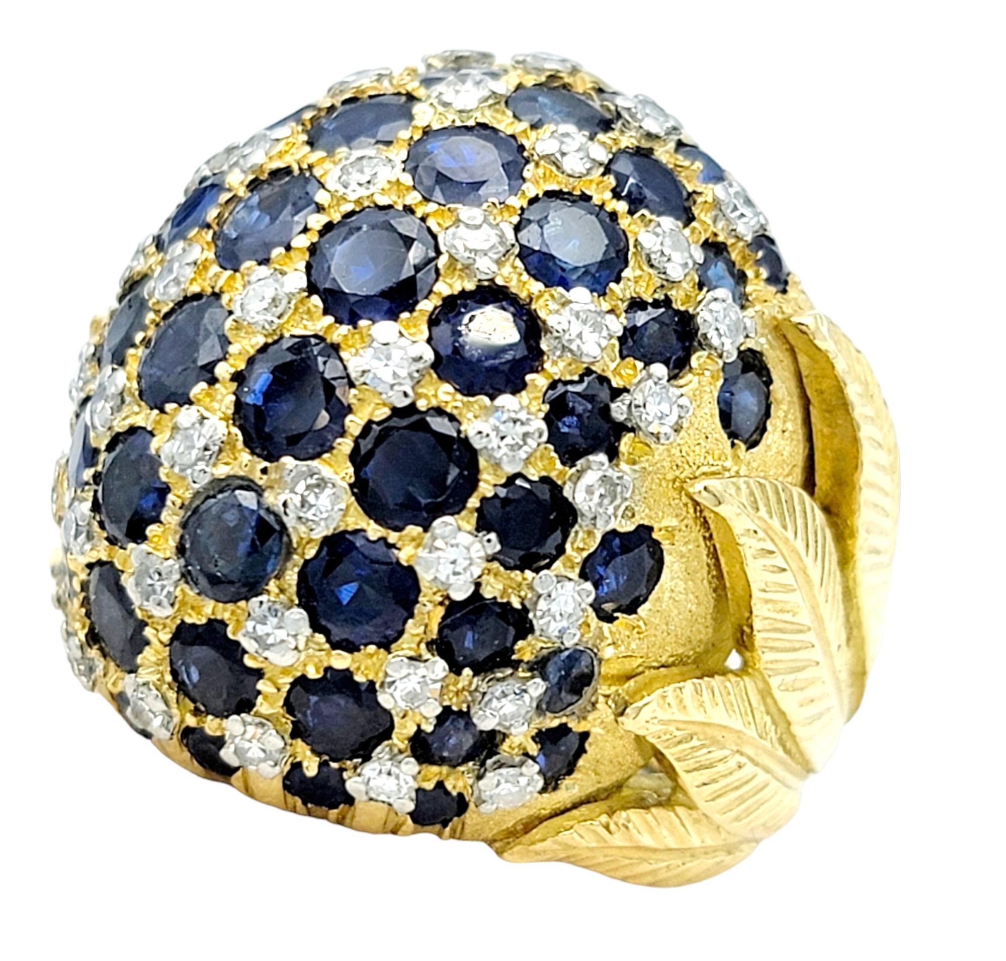 Contemporary Sapphire and Diamond Cluster Dome Ring with Leaf Design in 18 Karat Yellow Gold For Sale