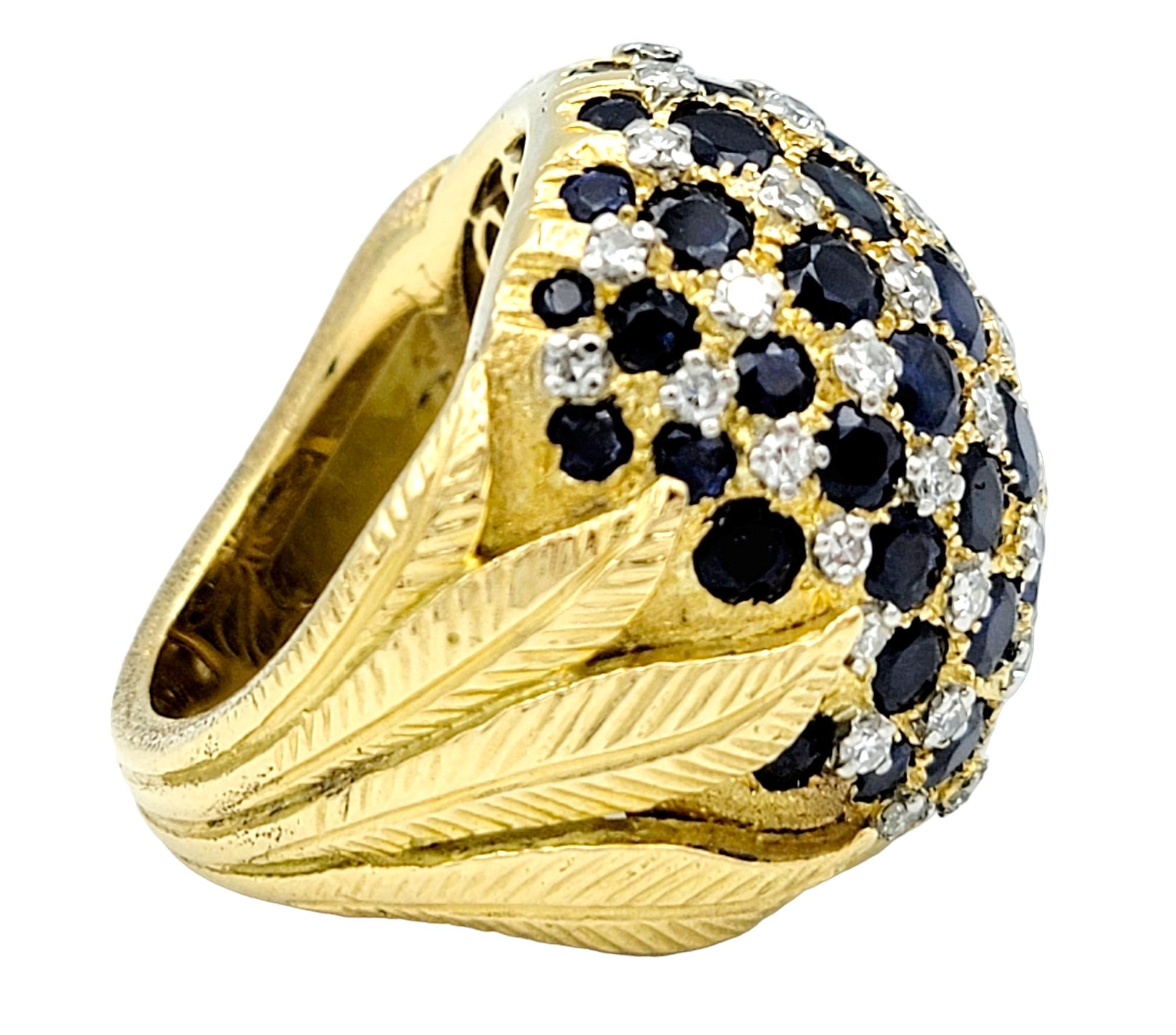 Round Cut Sapphire and Diamond Cluster Dome Ring with Leaf Design in 18 Karat Yellow Gold For Sale