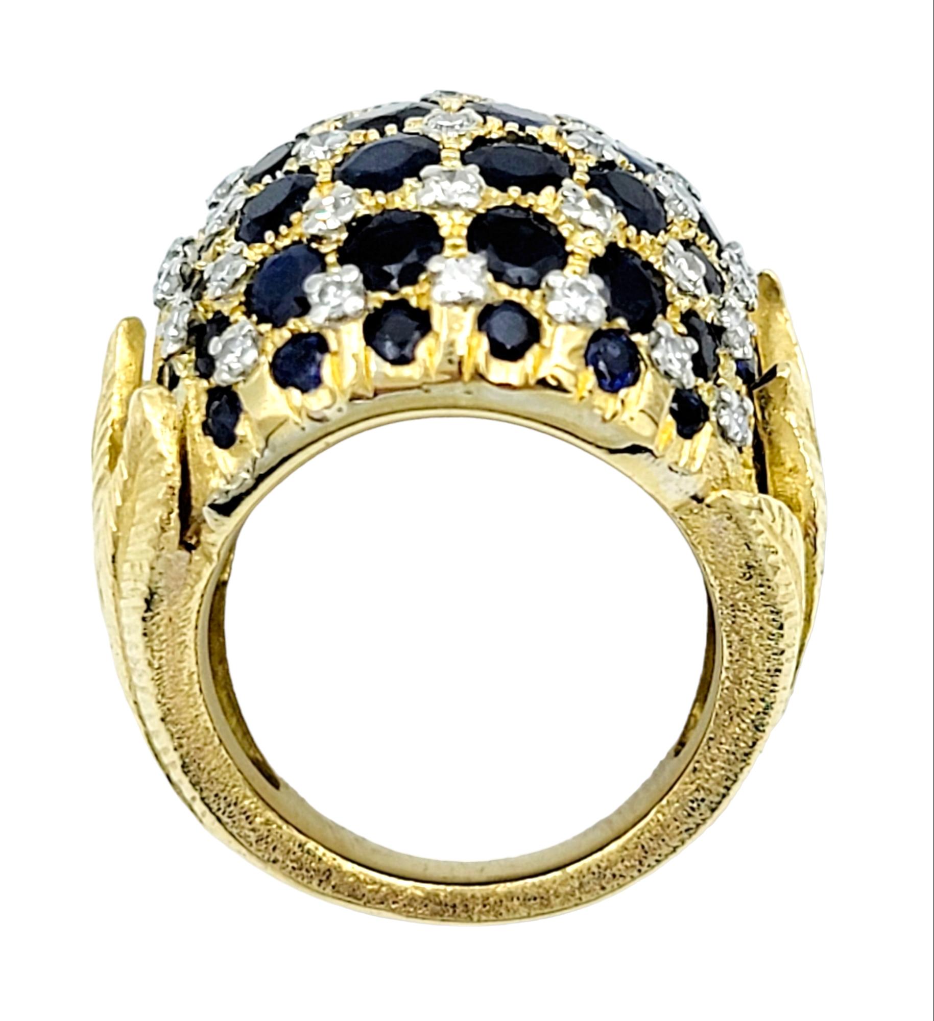 Sapphire and Diamond Cluster Dome Ring with Leaf Design in 18 Karat Yellow Gold In Good Condition For Sale In Scottsdale, AZ