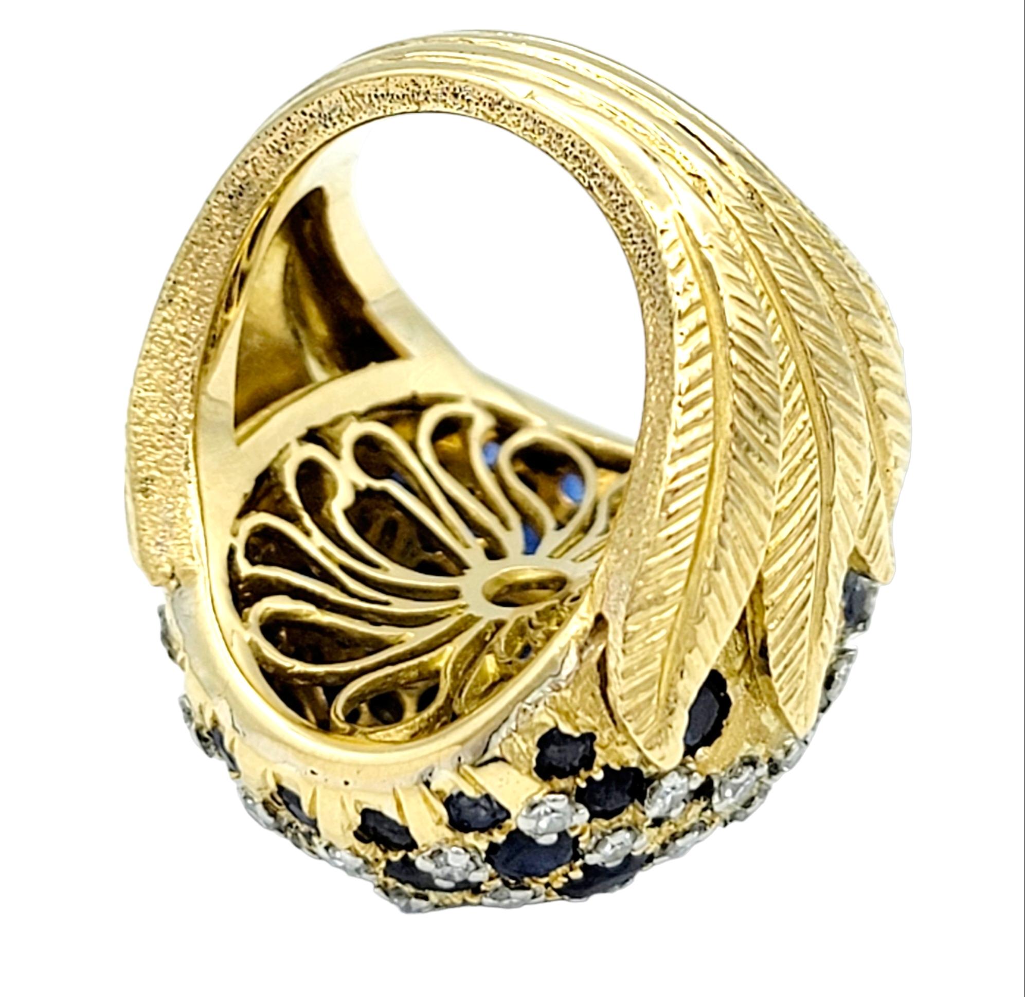 Women's or Men's Sapphire and Diamond Cluster Dome Ring with Leaf Design in 18 Karat Yellow Gold For Sale