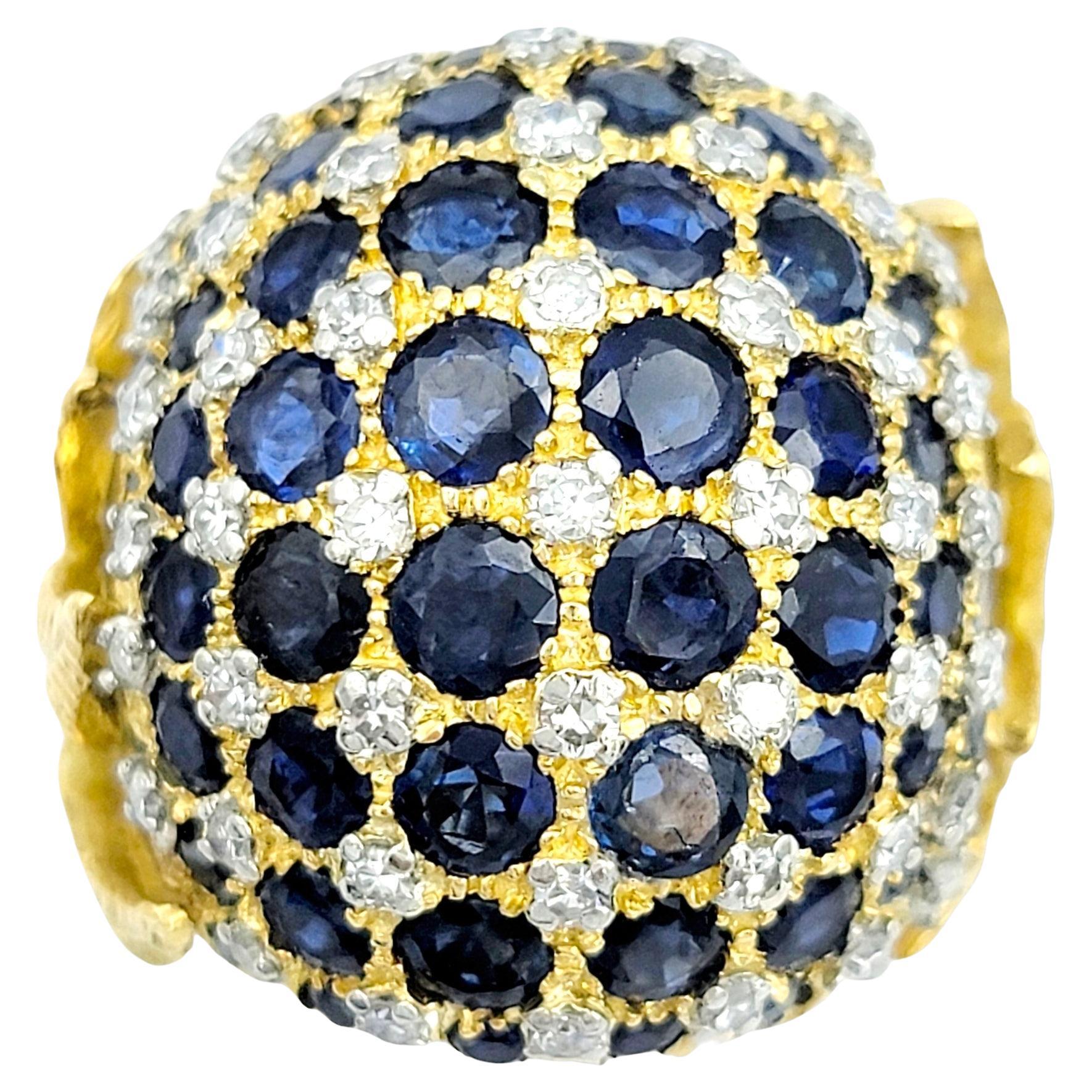 Sapphire and Diamond Cluster Dome Ring with Leaf Design in 18 Karat Yellow Gold For Sale