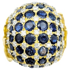 Sapphire and Diamond Cluster Dome Ring with Leaf Design in 18 Karat Yellow Gold