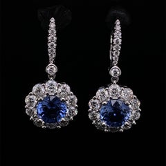 Sapphire and Diamond Cluster Drop Earrings Set in 18 Karat White Gold