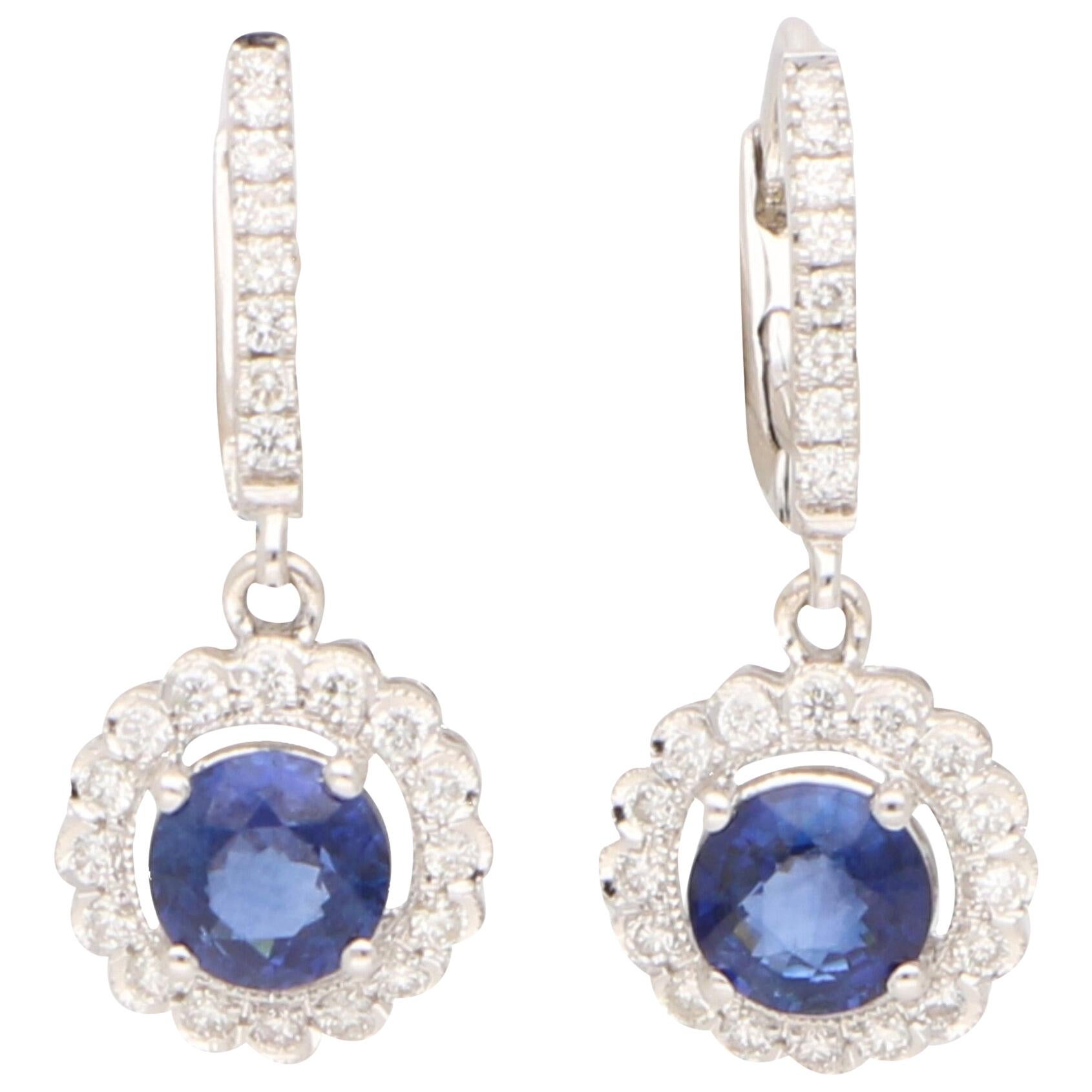 Sapphire and Diamond Cluster Drop Earrings Set in 18 Karat White Gold