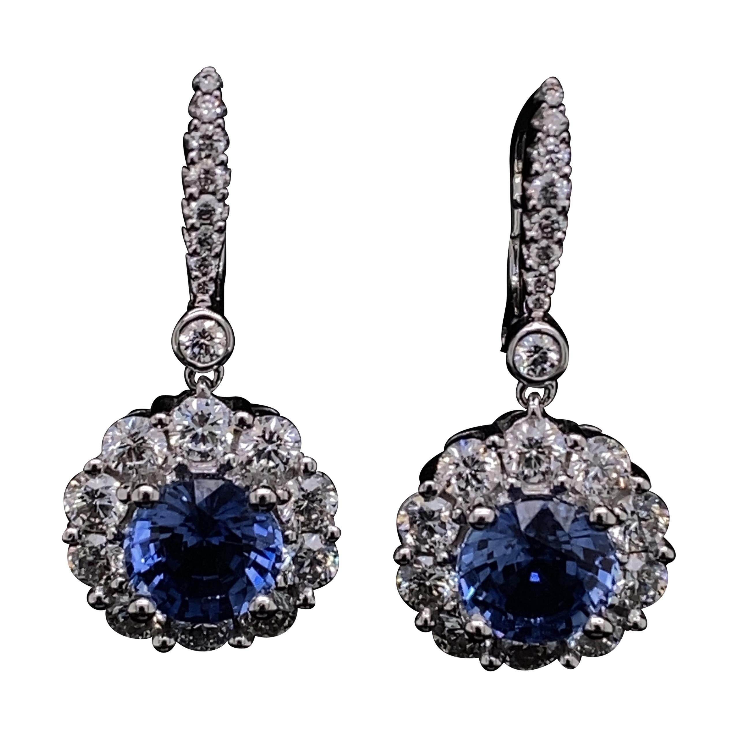 Sapphire and Diamond Cluster Drop Earrings Set in 18 Karat White Gold For Sale