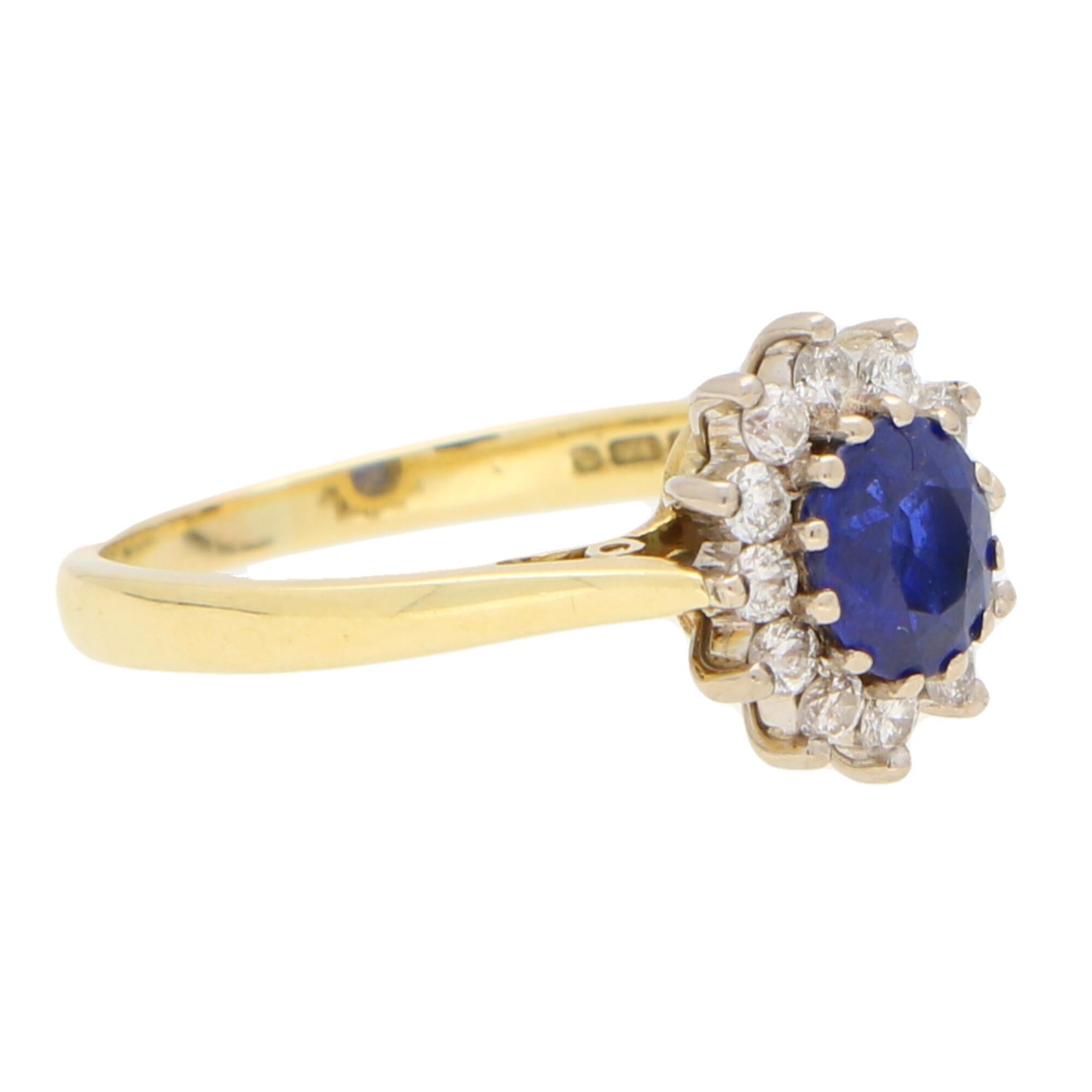 Oval Cut Sapphire and Diamond Cluster Ring Set in 18 Karat Yellow and White Gold
