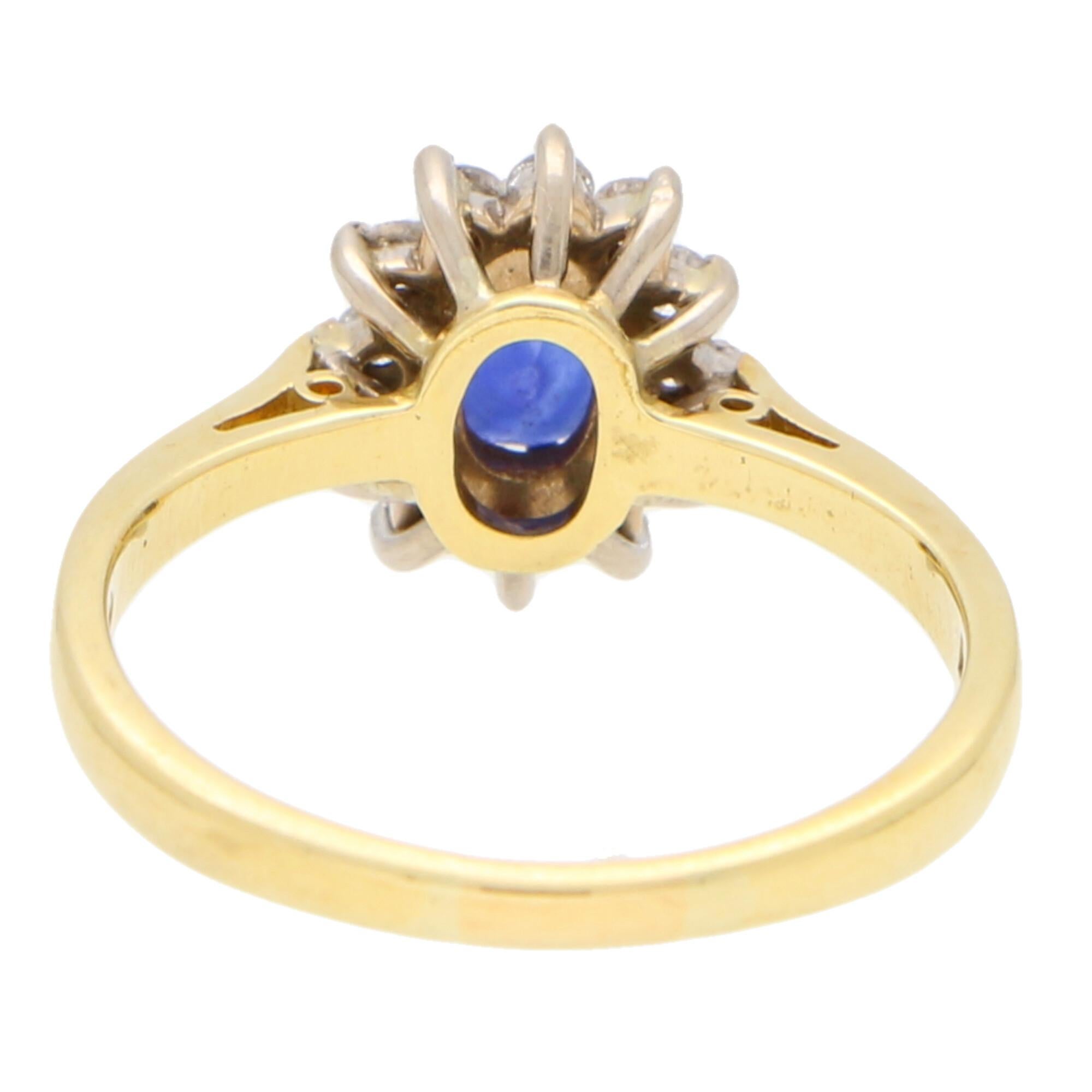 Women's or Men's Sapphire and Diamond Cluster Ring Set in 18 Karat Yellow and White Gold
