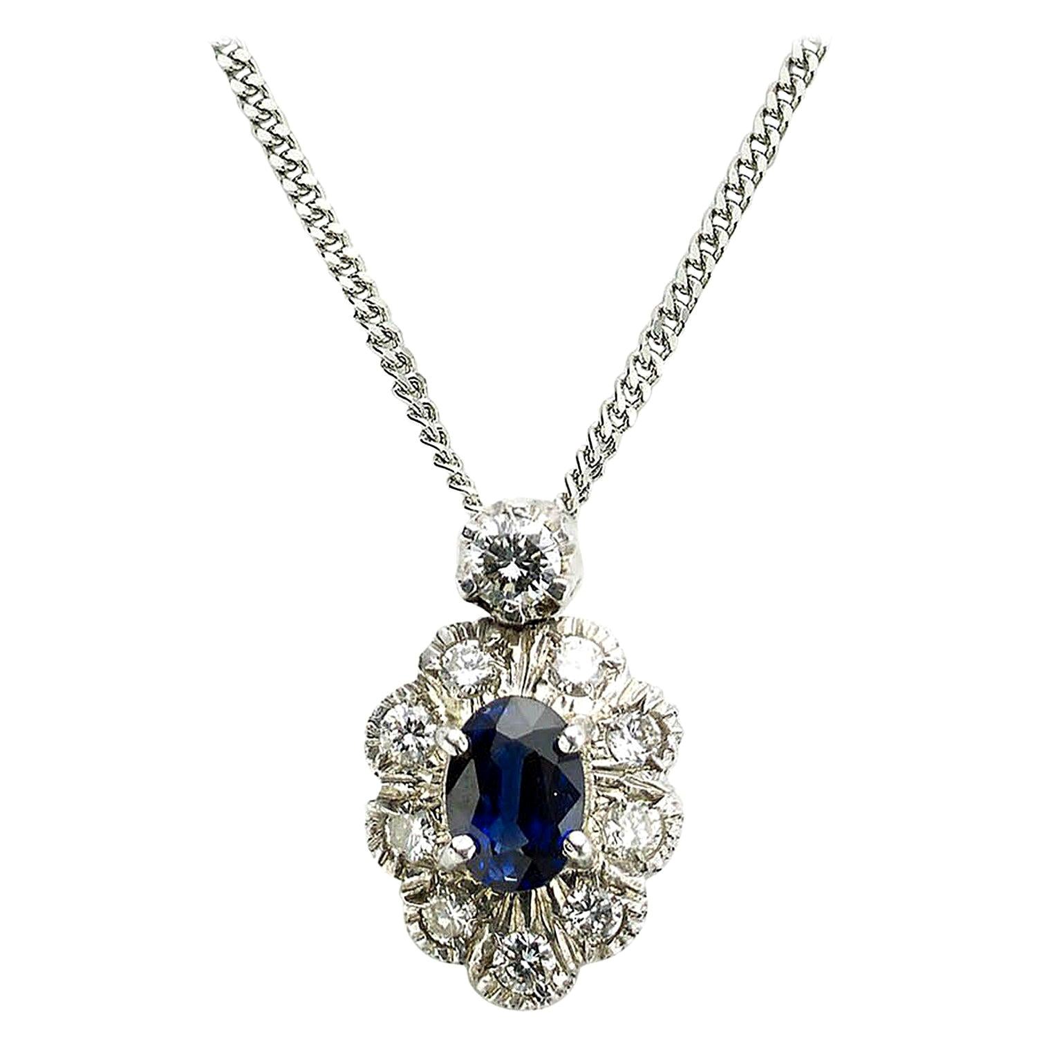 Sapphire and Diamond Cluster Pendant For Sale