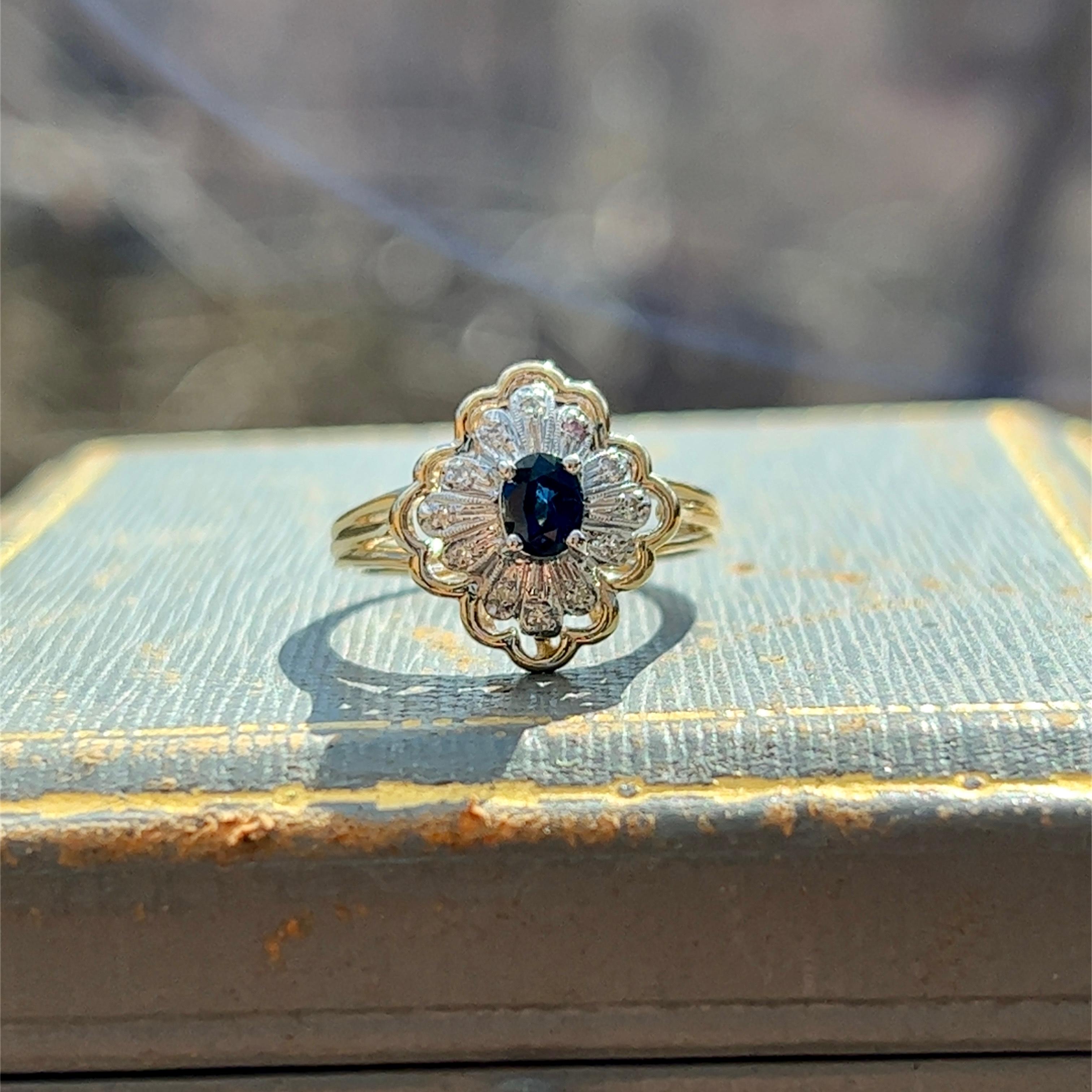 Contemporary Sapphire and Diamond Cluster Ring in 14k White and Yellow Gold