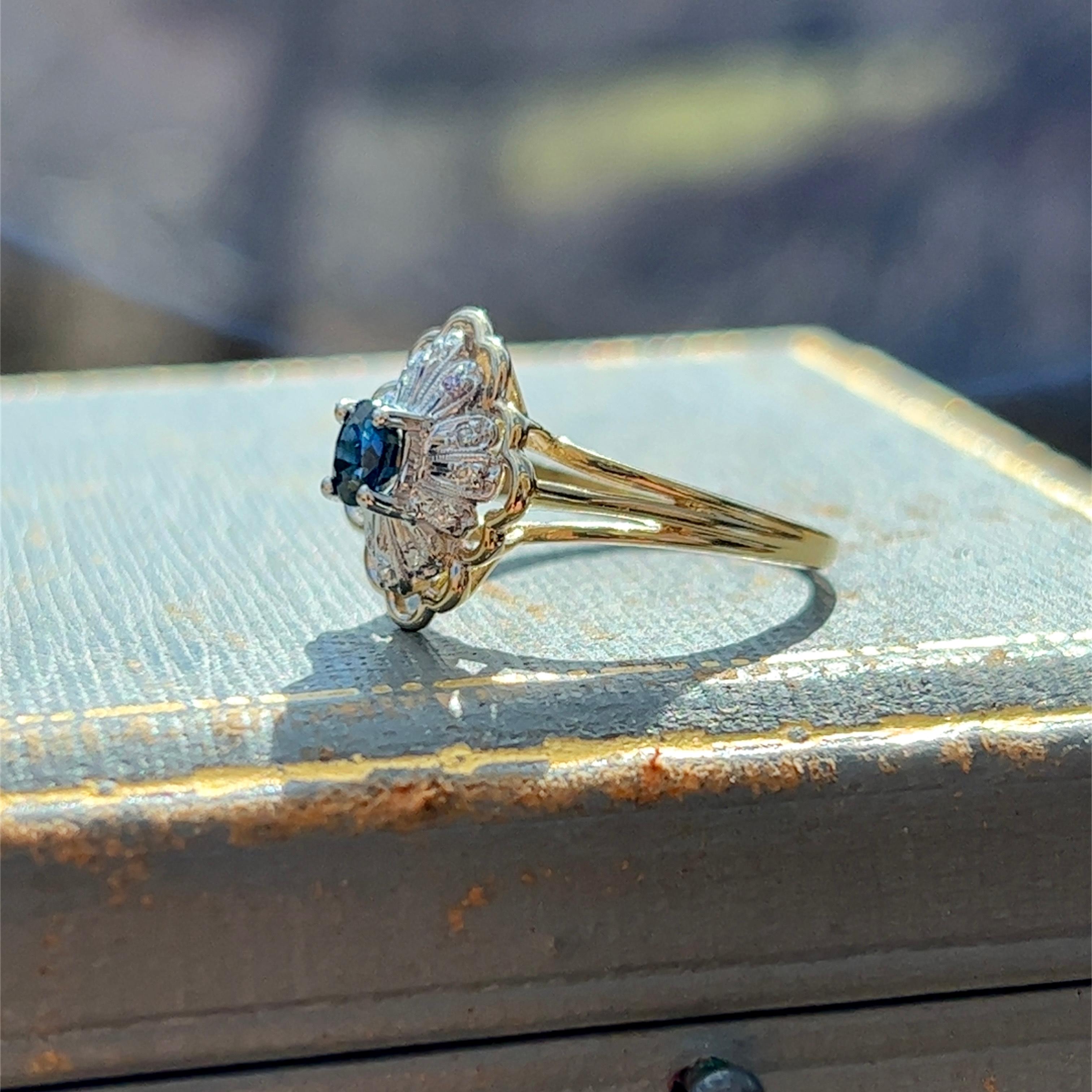 Sapphire and Diamond Cluster Ring in 14k White and Yellow Gold In Good Condition In Towson, MD
