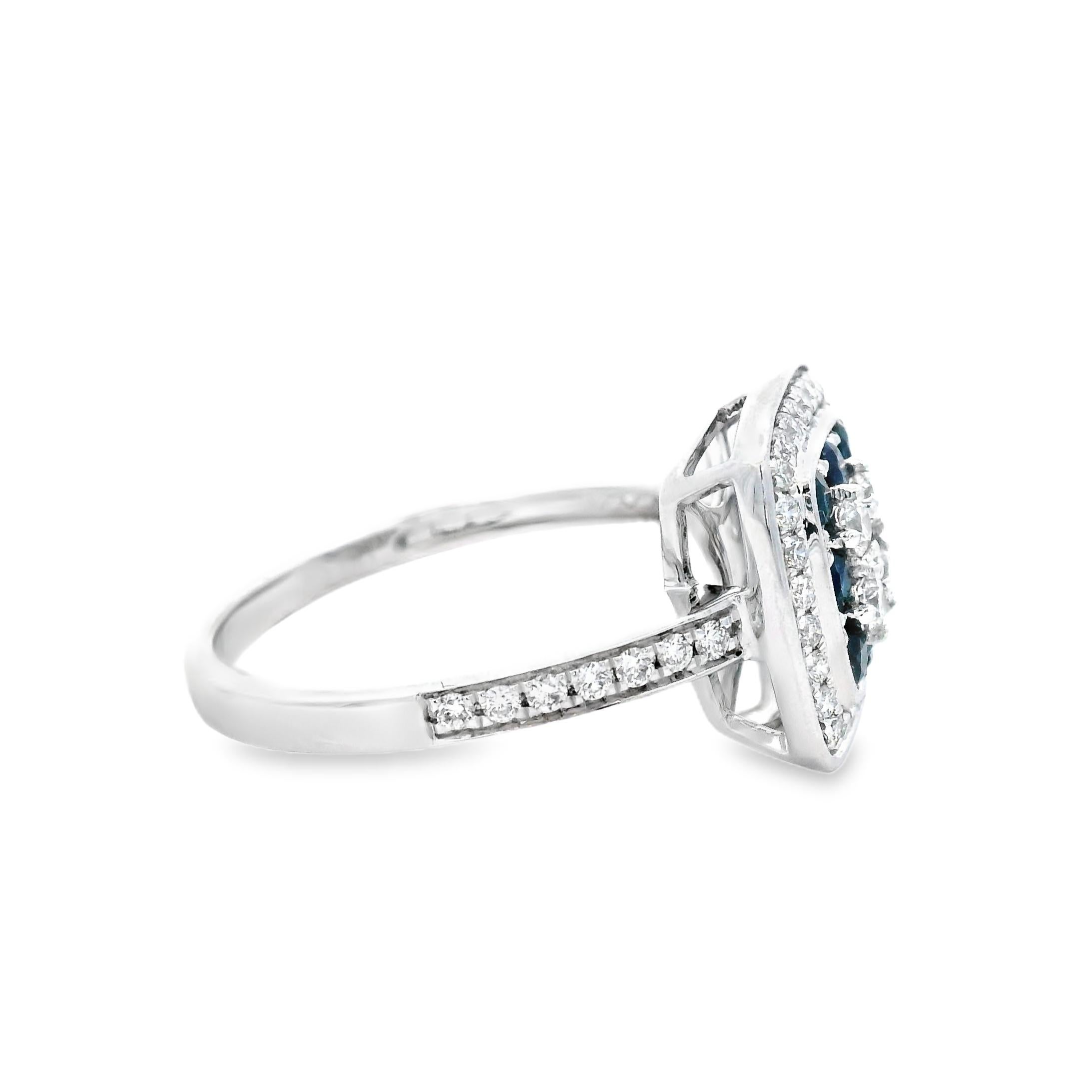 Contemporary Sapphire and Diamond Cluster Ring in 14K White Gold, Size 7 For Sale