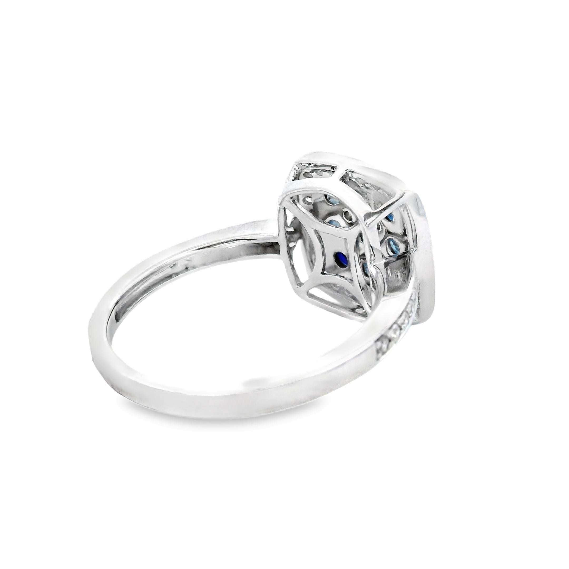 Round Cut Sapphire and Diamond Cluster Ring in 14K White Gold, Size 7 For Sale