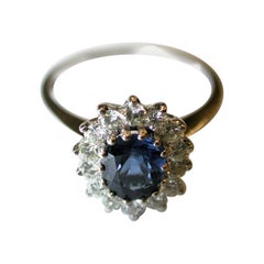 Vintage Sapphire and Diamond Cluster Ring Set in 18 Carat, Dated circa 1970