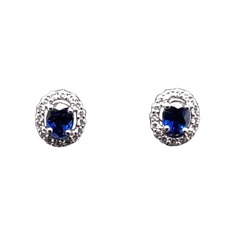Sapphire and Diamond Cluster Stud Earrings Set in 18 Karat White Gold For Sale