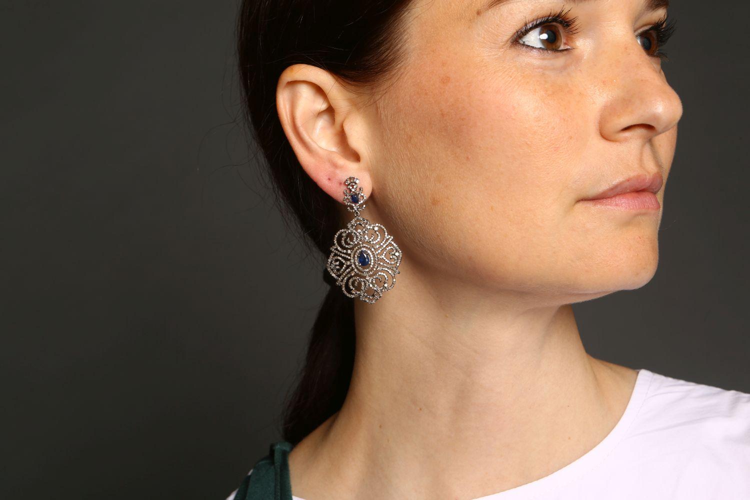 Single Cut Sapphire and Diamond Cocktail Earrings