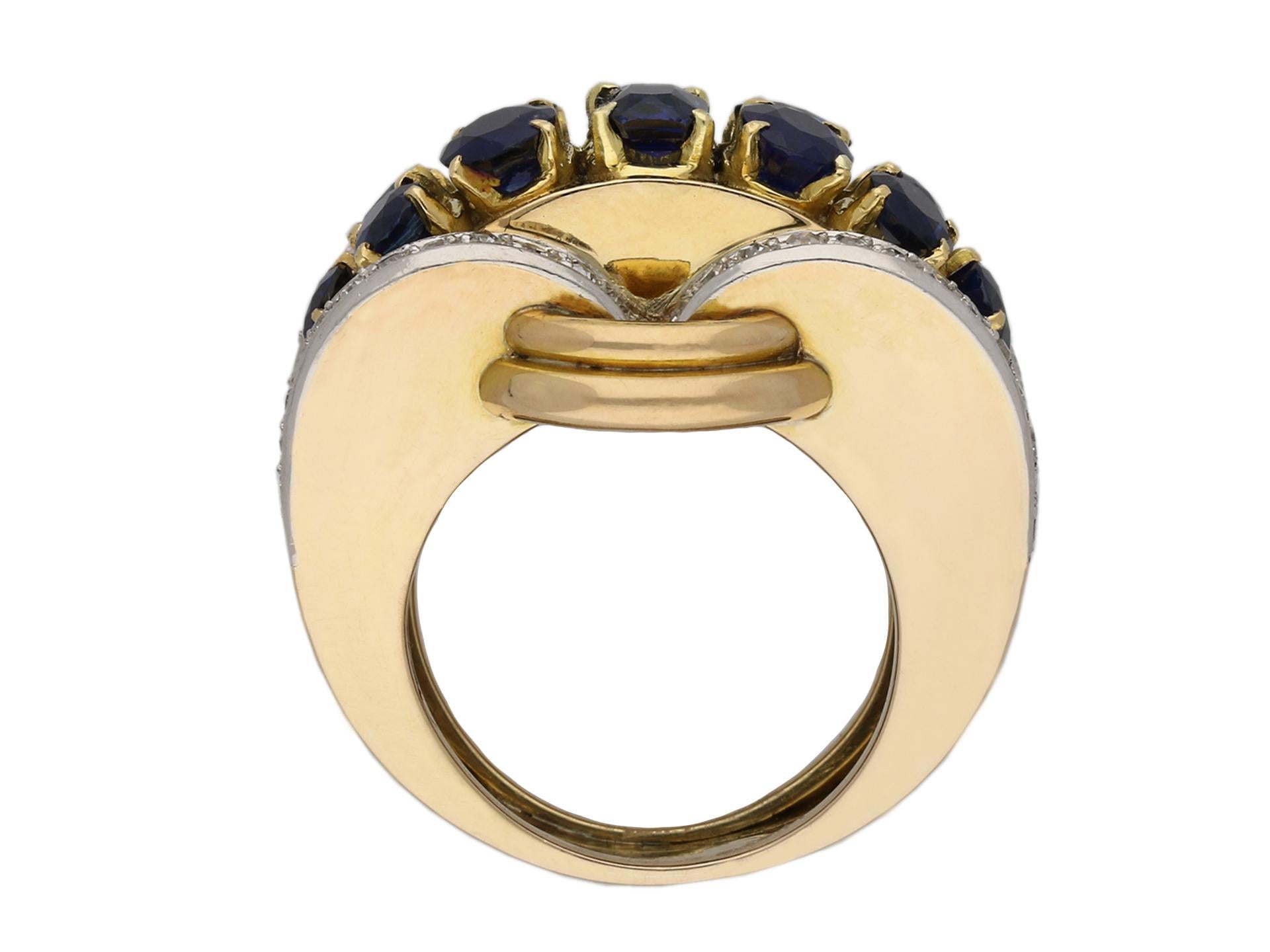 Old European Cut Sapphire and diamond cocktail ring, French, circa 1945. For Sale