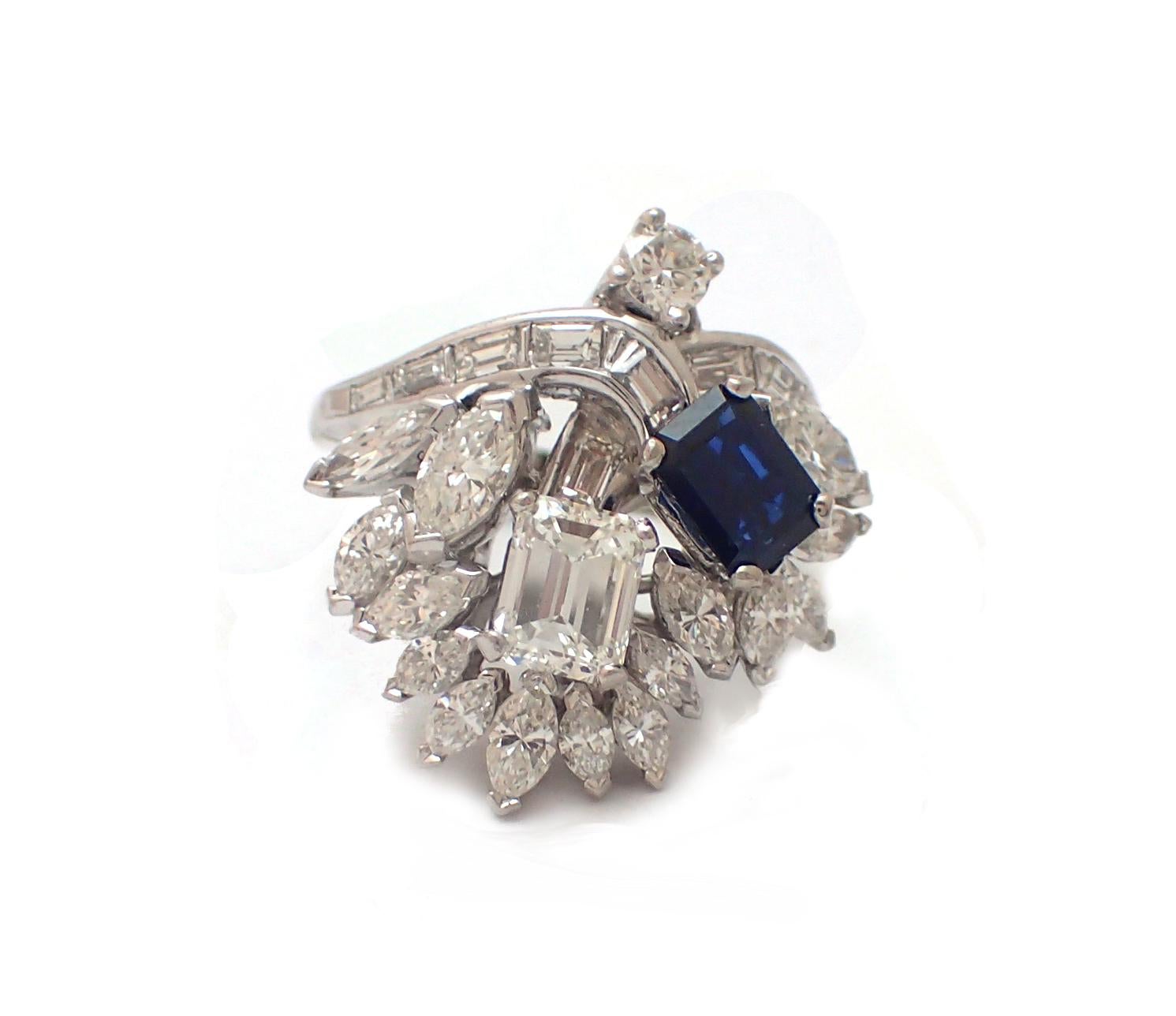 Aesthetic Movement Sapphire and Diamond Cocktail Ring in Platinum For Sale