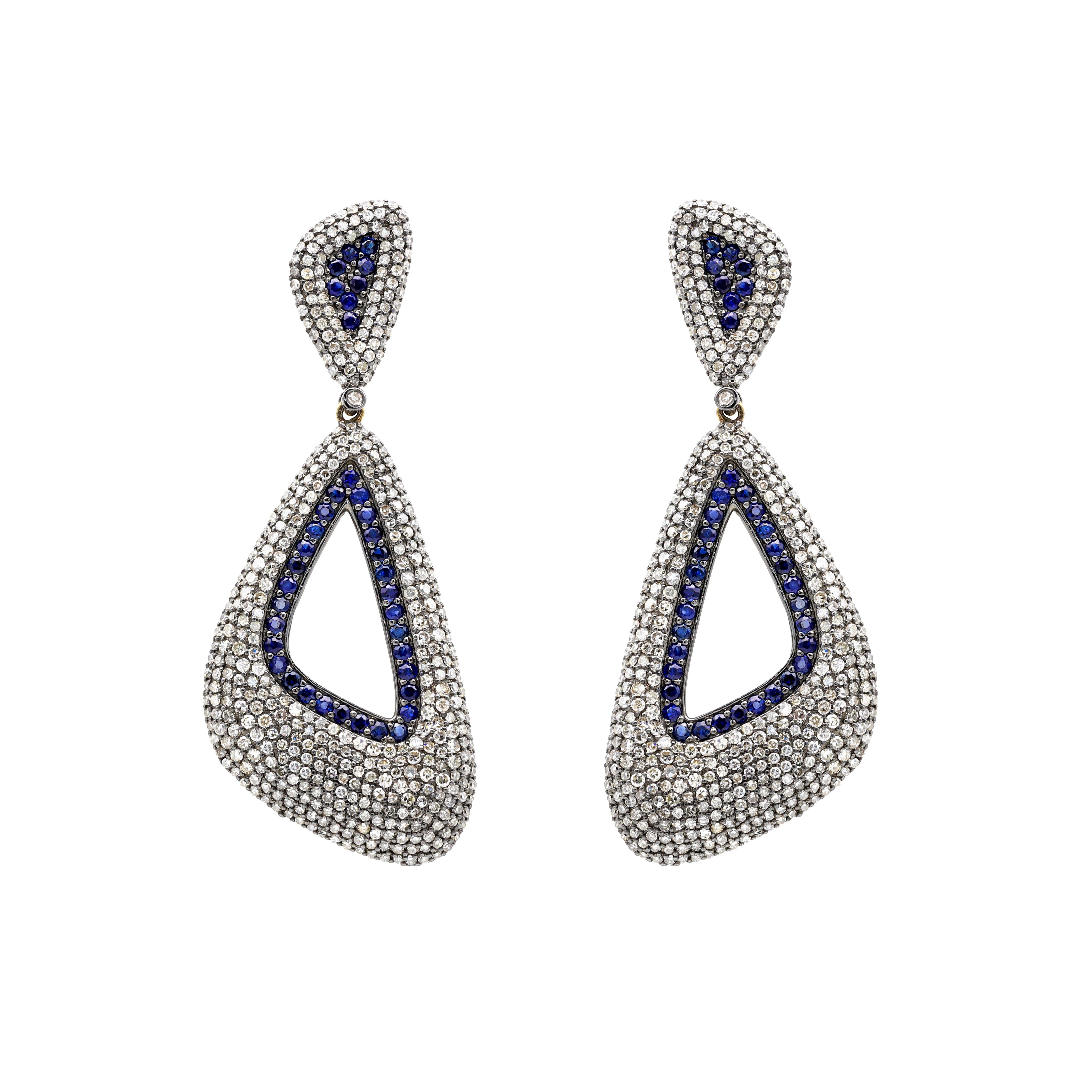 Round Cut Sapphire and Diamond Cocktail Statement Dangle Earrings in Victorian Style