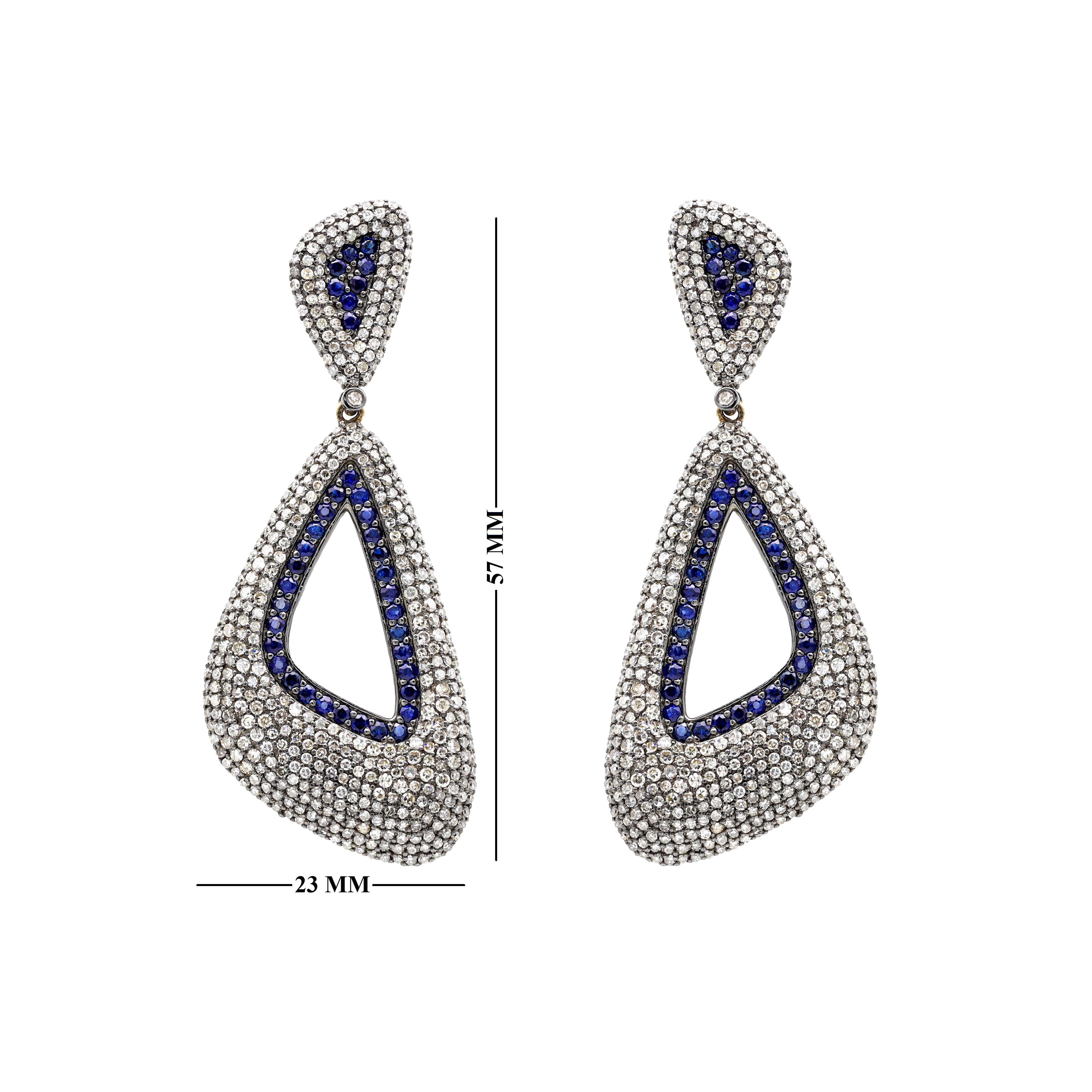 Sapphire and Diamond Cocktail Statement Dangle Earrings in Victorian Style 1
