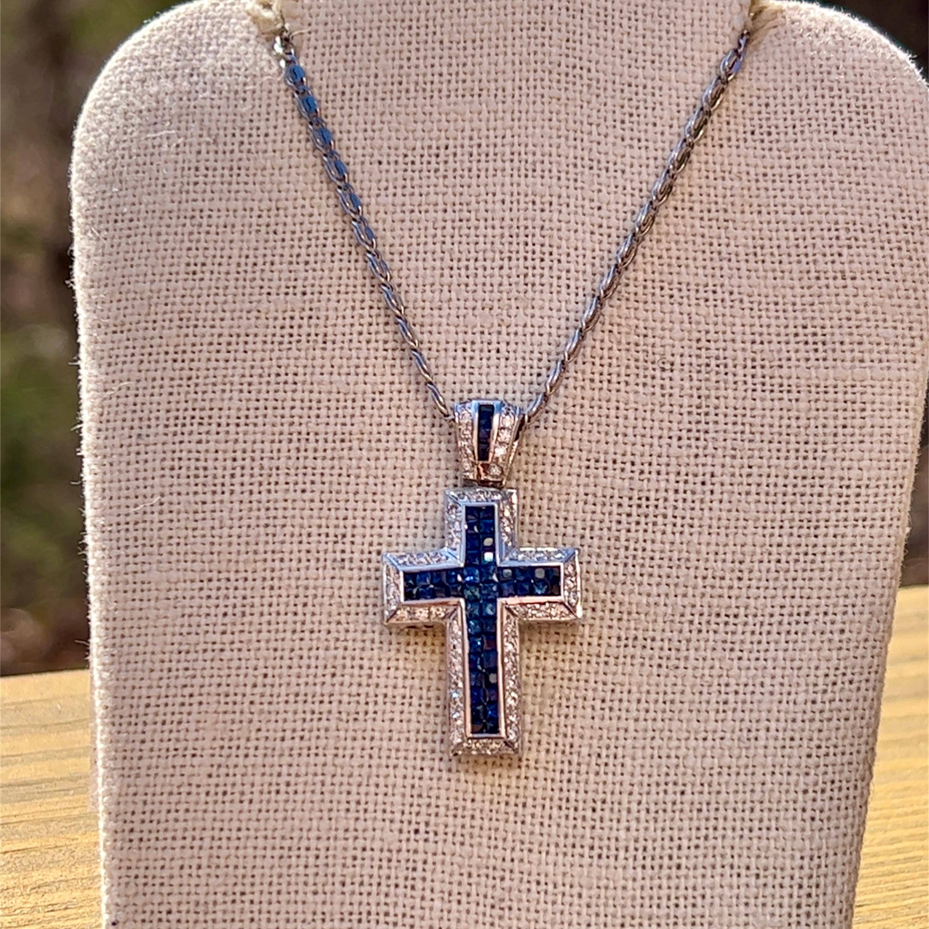 Princess Cut Sapphire and Diamond Cross Pendant Necklace in 14k White Gold For Sale
