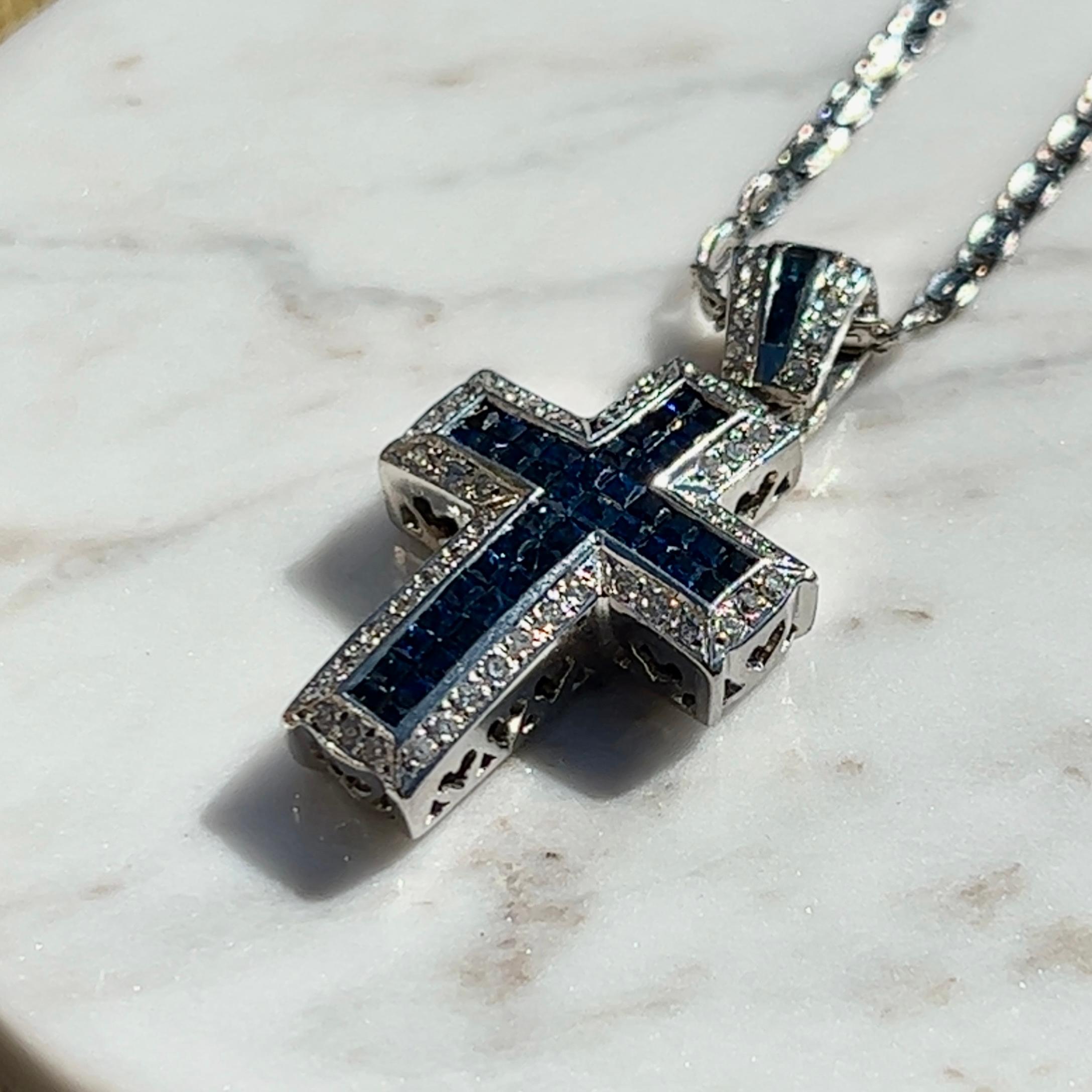 Sapphire and Diamond Cross Pendant Necklace in 14k White Gold In Good Condition For Sale In Towson, MD