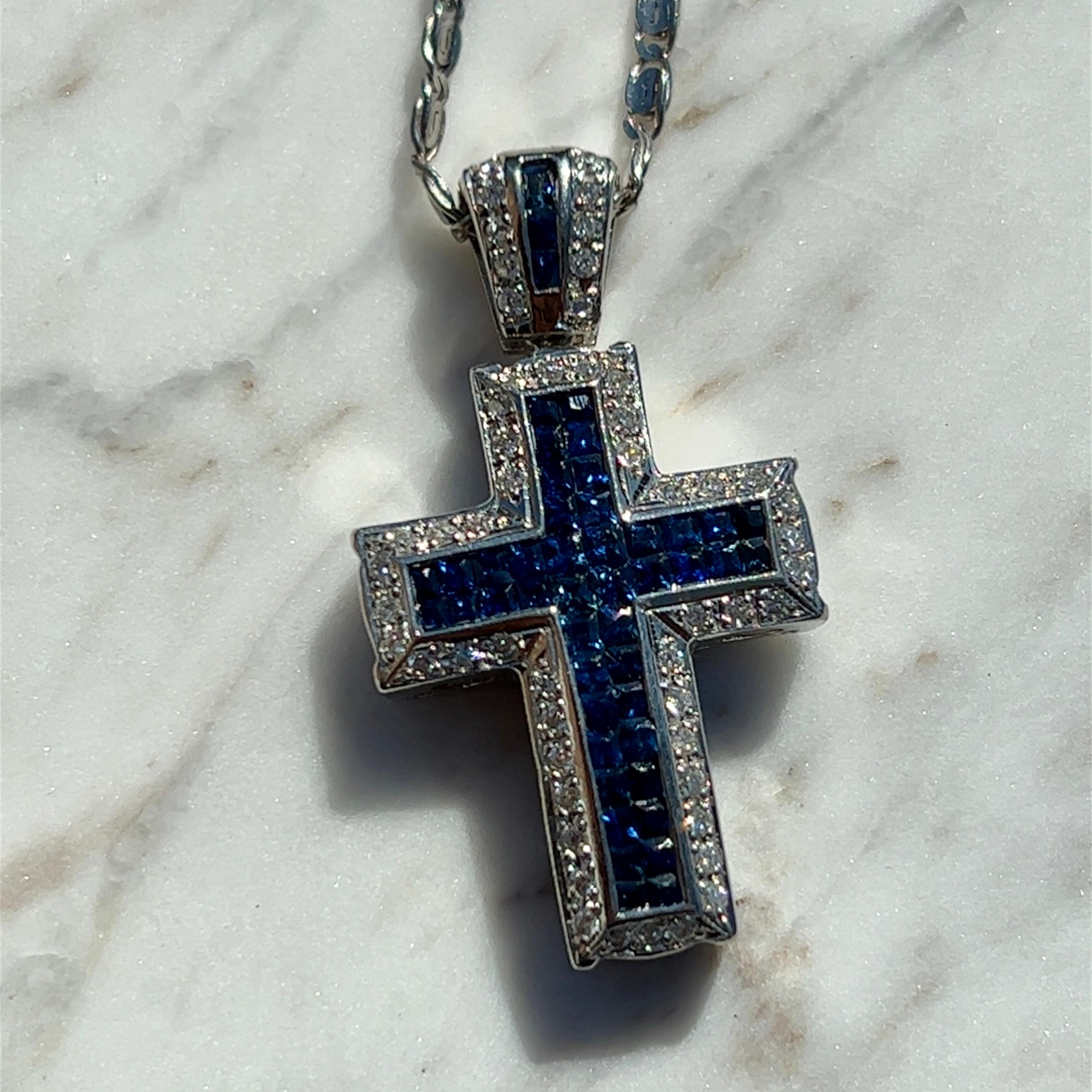 Women's or Men's Sapphire and Diamond Cross Pendant Necklace in 14k White Gold For Sale