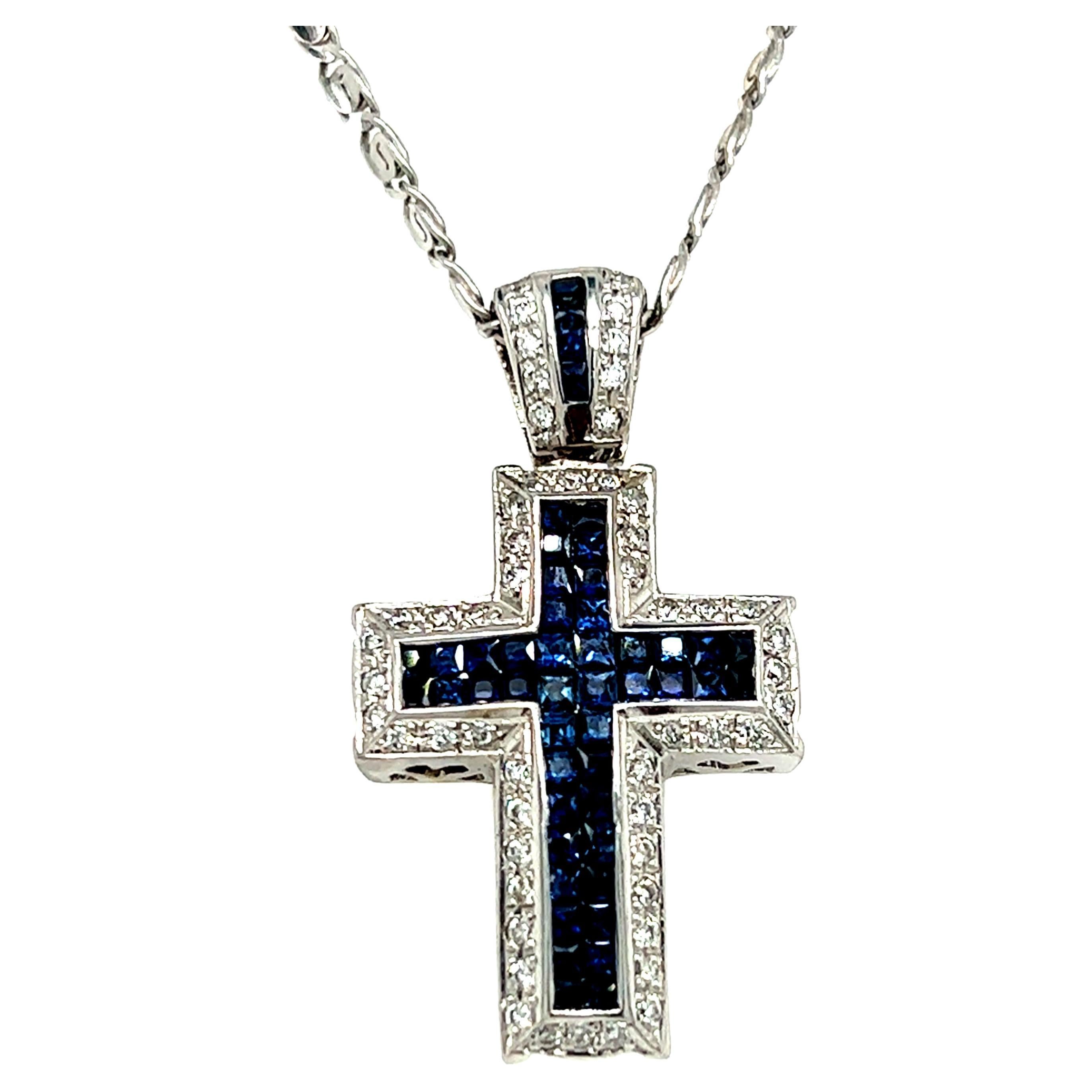 Sapphire and Diamond Cross Pendant Necklace in 14k White Gold For Sale