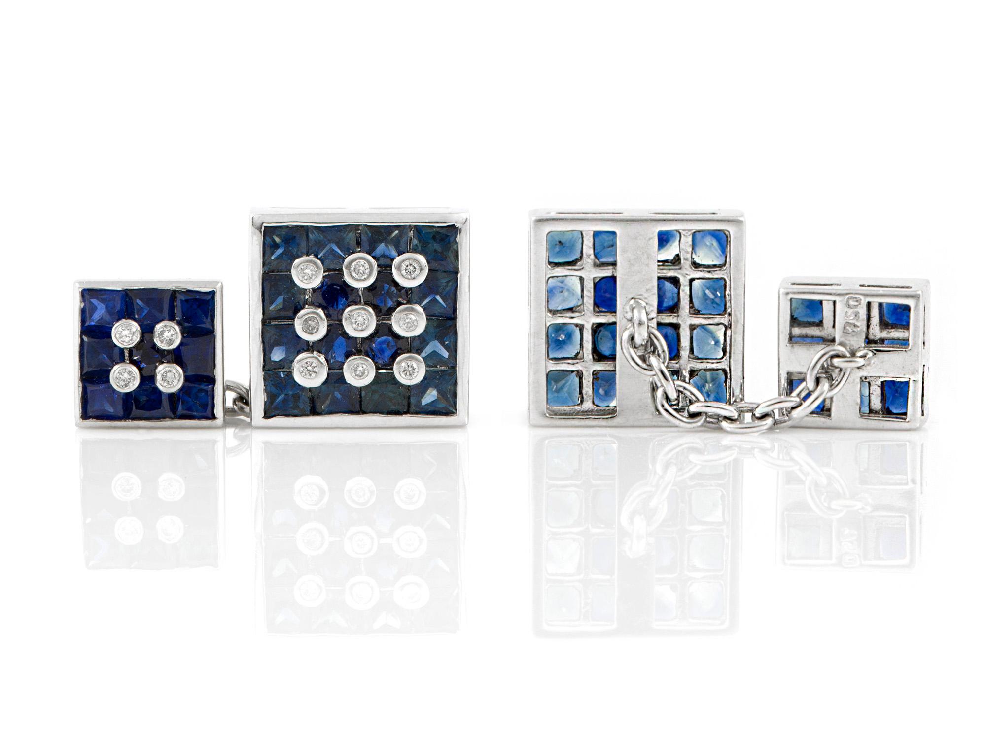 Cufflinks finely crafted in 18k white gold with diamonds weighing 0.18 carat and sapphire 5.41 carat.
