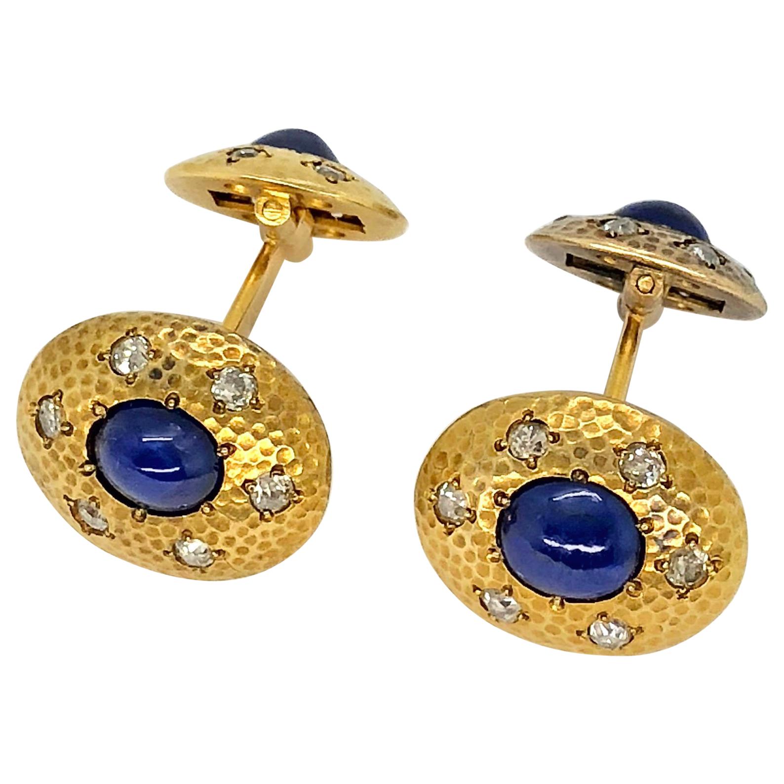 Sapphire and Diamond Cufflinks in Hammered Yellow Gold