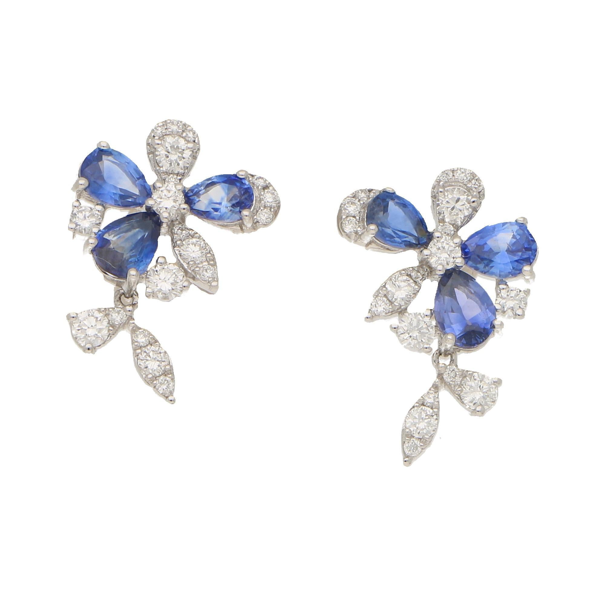 Contemporary Sapphire and Diamond Daisy Drop Earrings