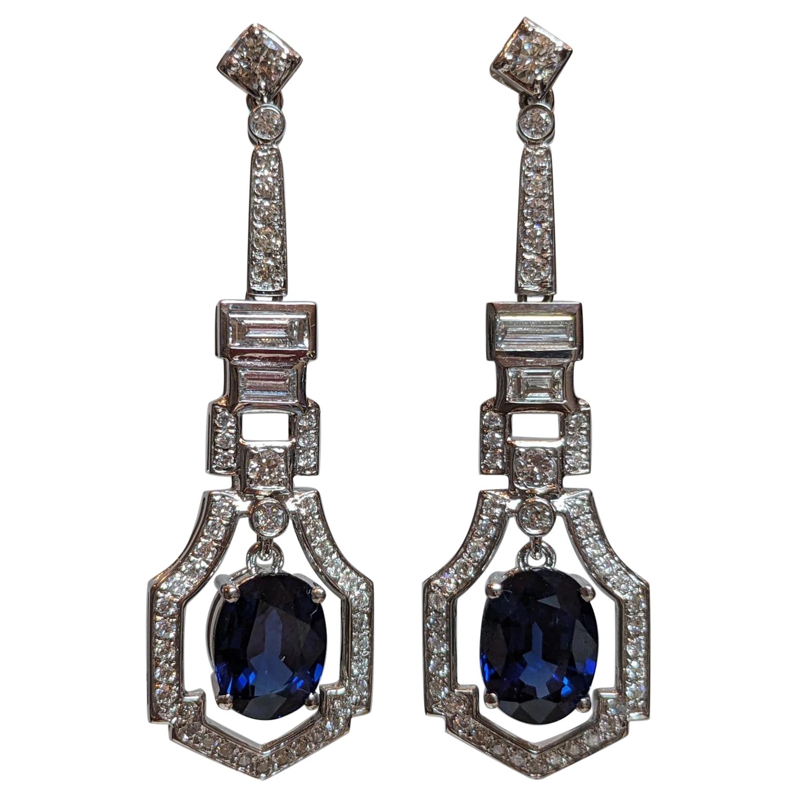 Sapphire and Diamond Dangle Earrings in Platinum & 14k White Gold