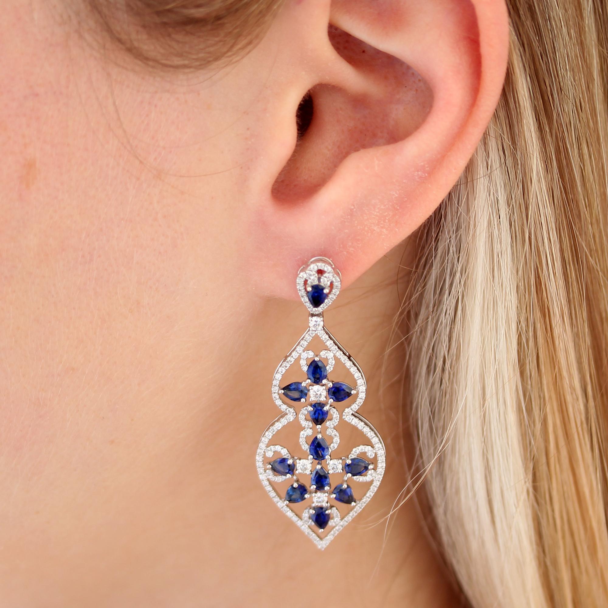 Modern Sapphire and Diamond Dangle Earrings Set in 18K White Gold For Sale