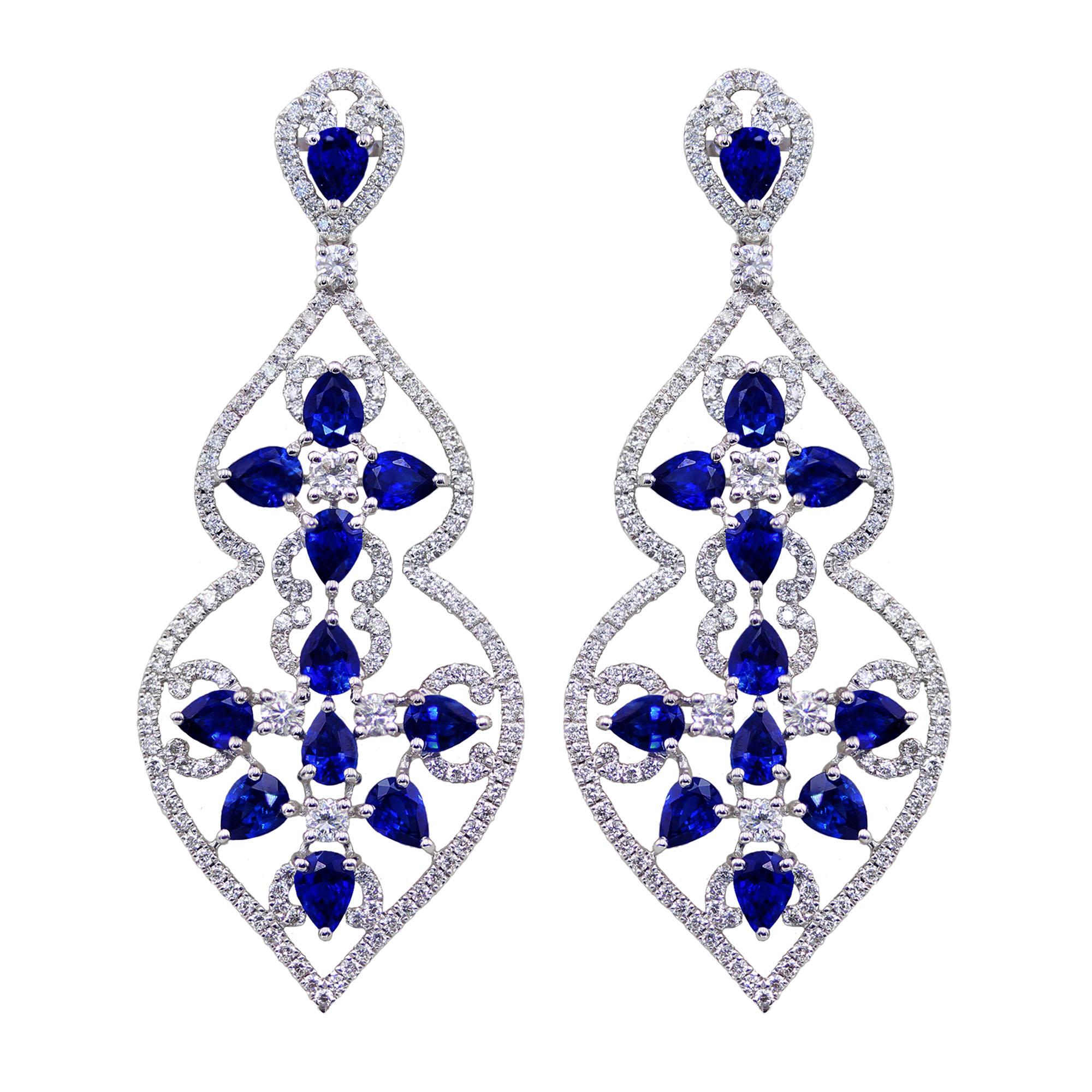 Sapphire and Diamond Dangle Earrings Set in 18K White Gold For Sale