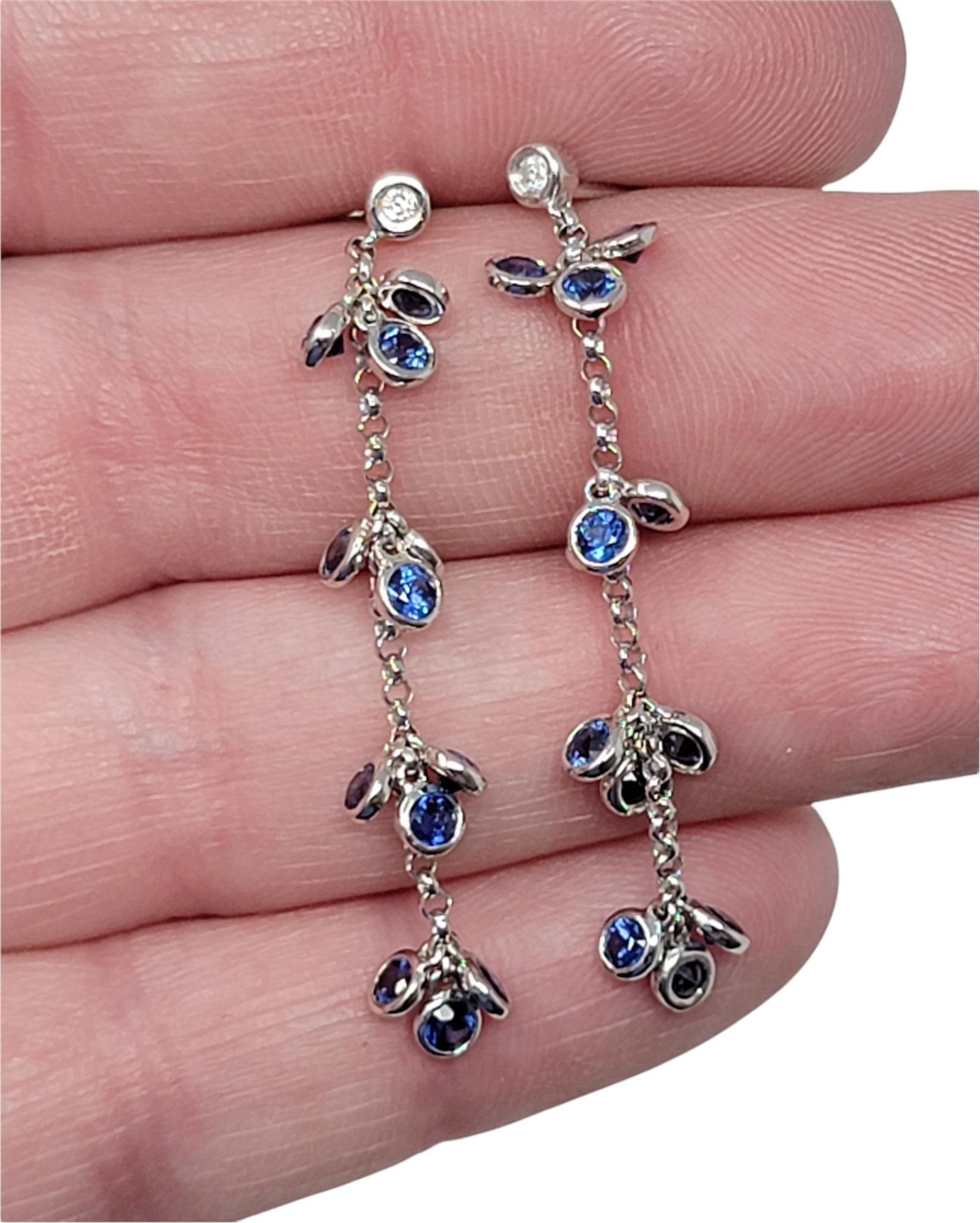 Natural Sapphire and Diamond Drop Dangle Station Pierced Earrings in White Gold For Sale 5