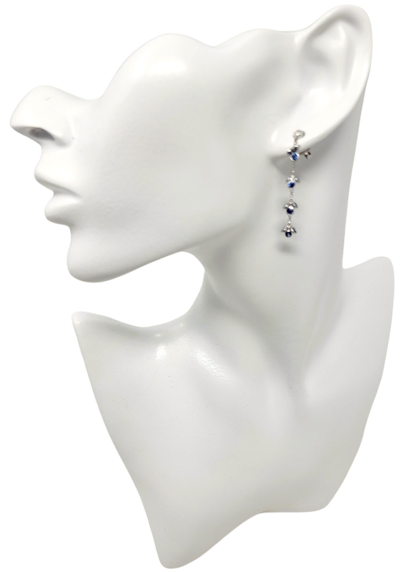 Round Cut Natural Sapphire and Diamond Drop Dangle Station Pierced Earrings in White Gold For Sale