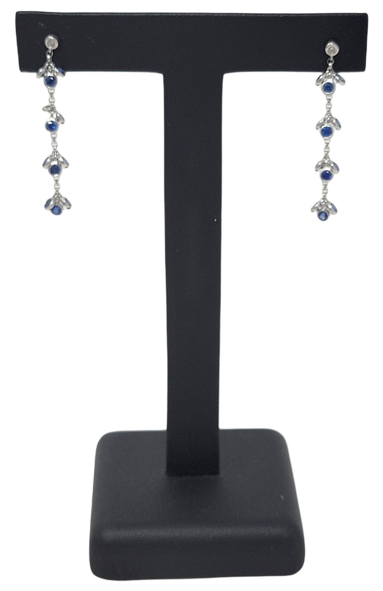 Women's Natural Sapphire and Diamond Drop Dangle Station Pierced Earrings in White Gold For Sale