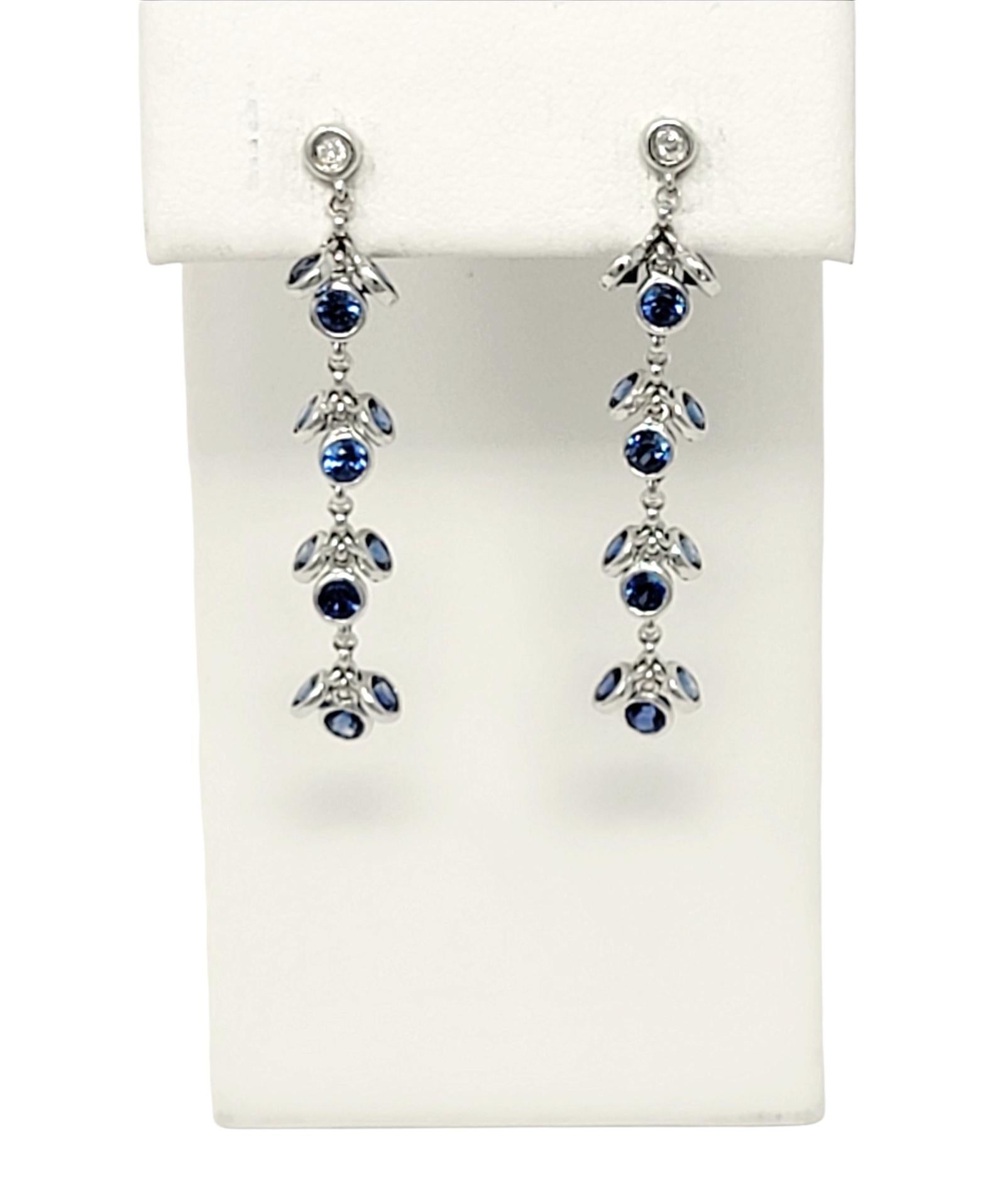 Natural Sapphire and Diamond Drop Dangle Station Pierced Earrings in White Gold For Sale 1