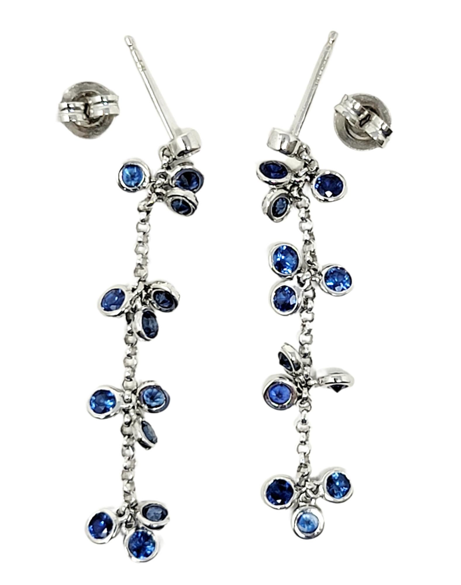Natural Sapphire and Diamond Drop Dangle Station Pierced Earrings in White Gold For Sale 2