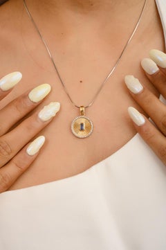 Sapphire and Diamond Disc Charm Pendant 18k Solid Yellow Gold, Thanksgiving Gift