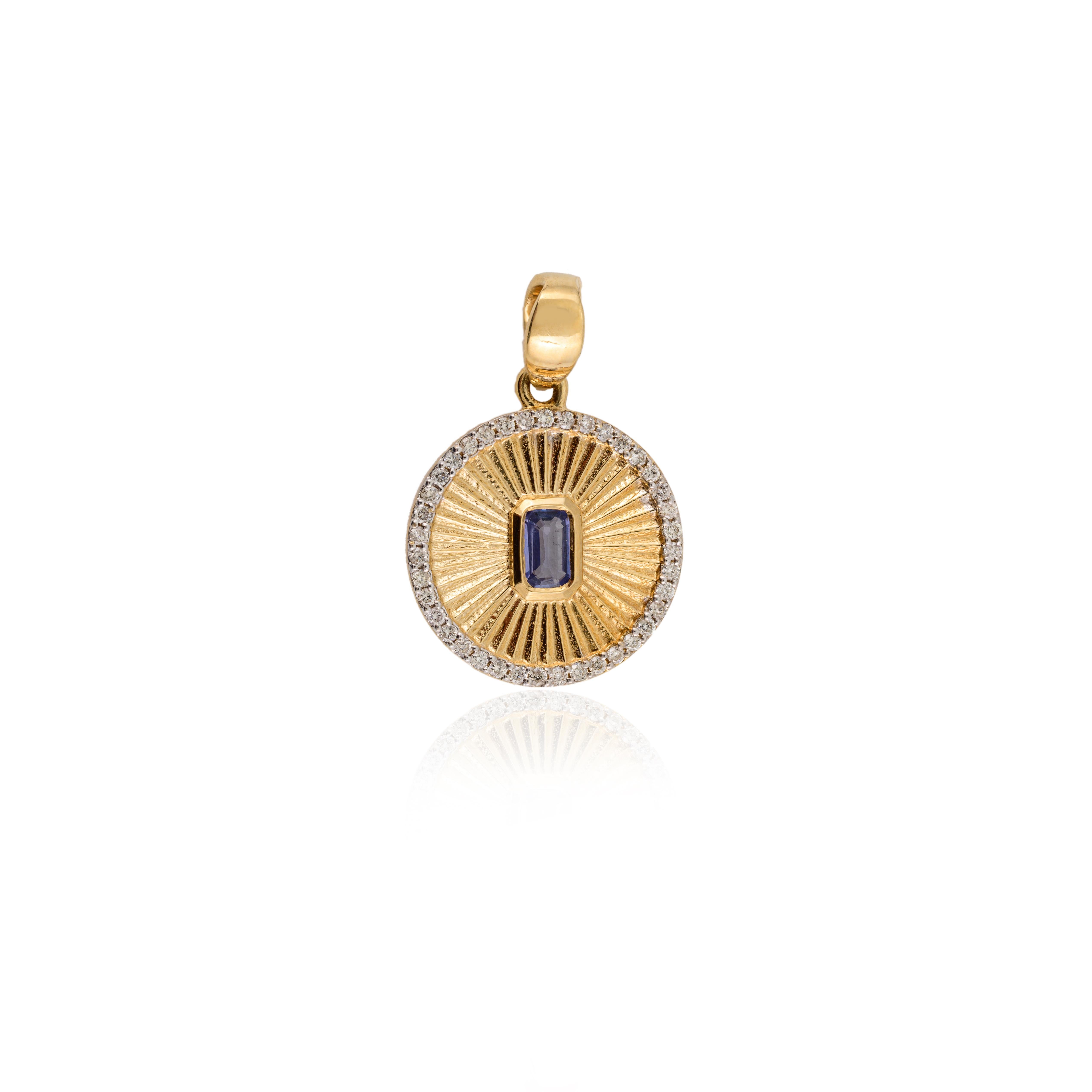 Octagon Cut Sapphire and Diamond Disc Charm Pendant 18k Solid Yellow Gold, Thanksgiving Gift For Sale
