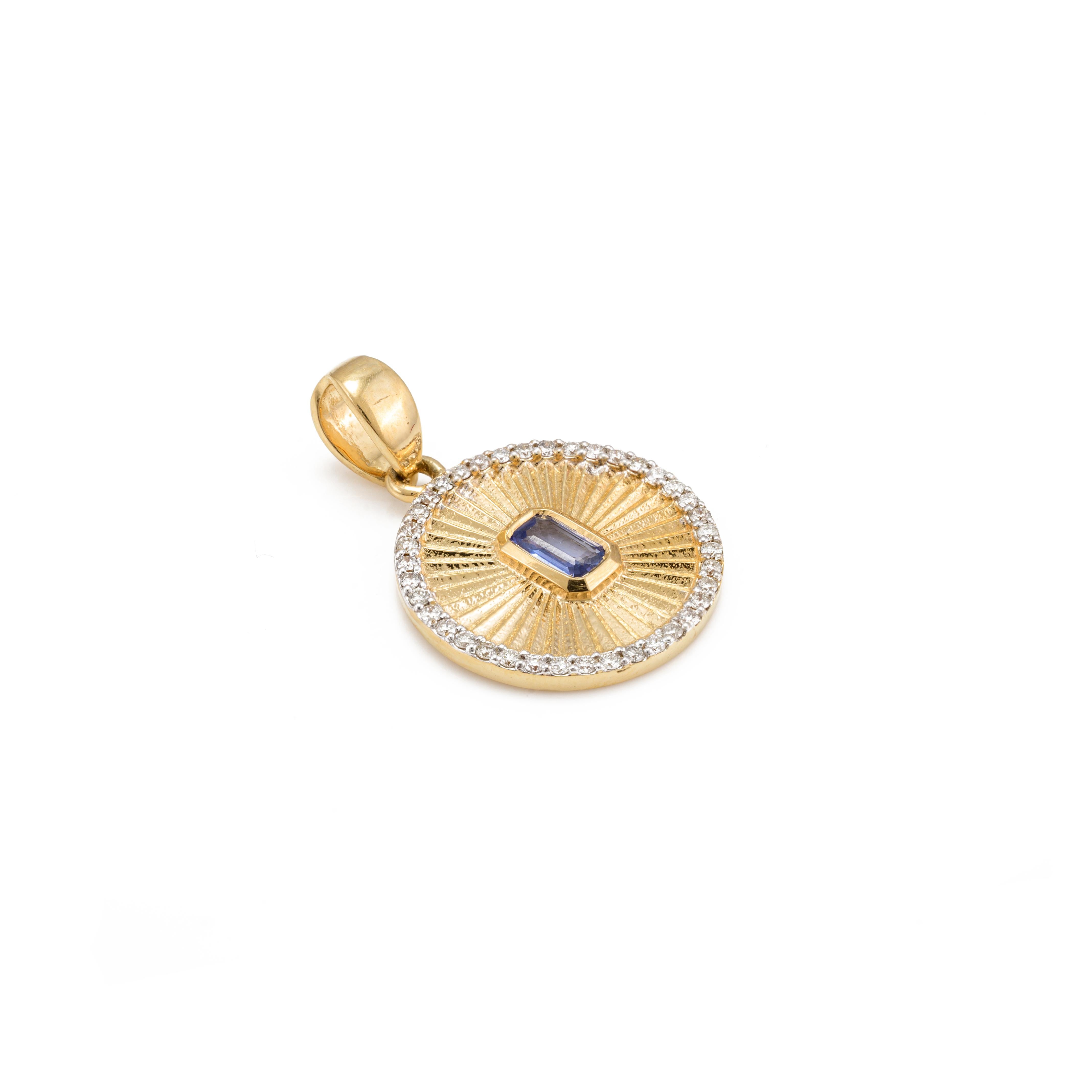 Sapphire and Diamond Disc Charm Pendant 18k Solid Yellow Gold, Thanksgiving Gift In New Condition For Sale In Houston, TX